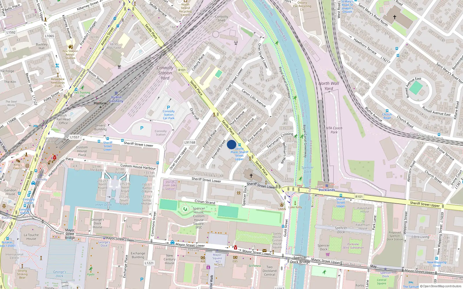 Overhead map showing the location of 46 Seville Place, Dublin 1
