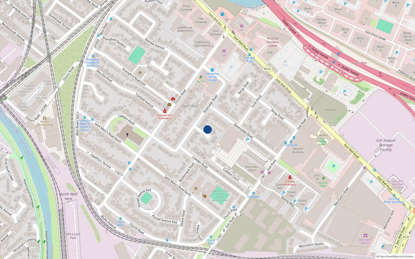 Overhead map showing the location of 46 Shelmalier Road, Dublin
