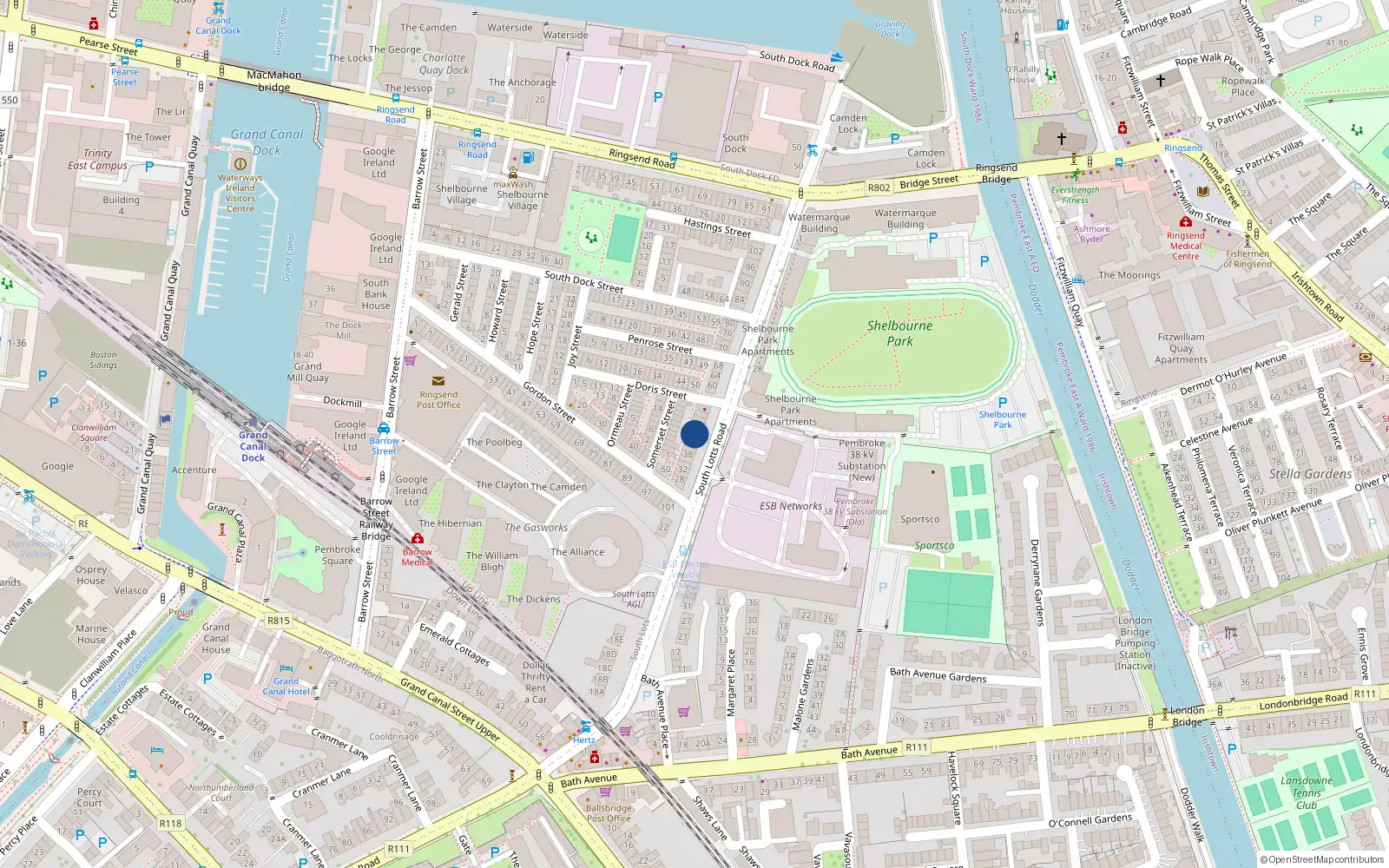 Overhead map showing the location of 46 South Lotts Road, Dublin 4