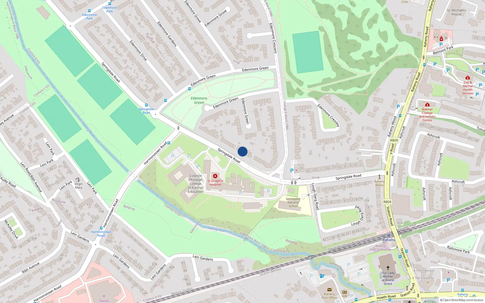 Overhead map showing the location of 46 Springdale Road, Raheny, Dublin 5