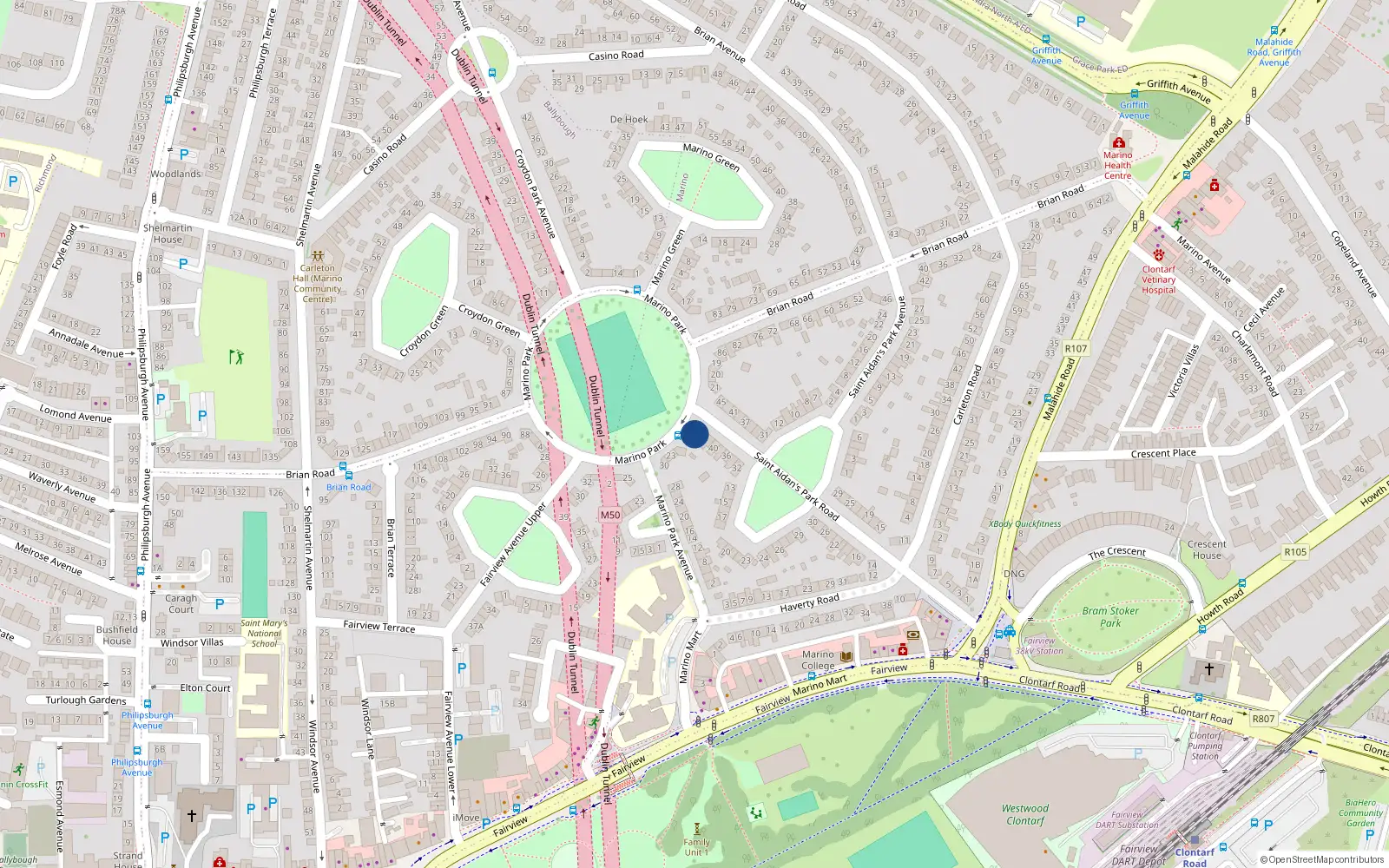 Overhead map showing the location of 46 St Aidan's Park Road, Fairview, Dublin 3