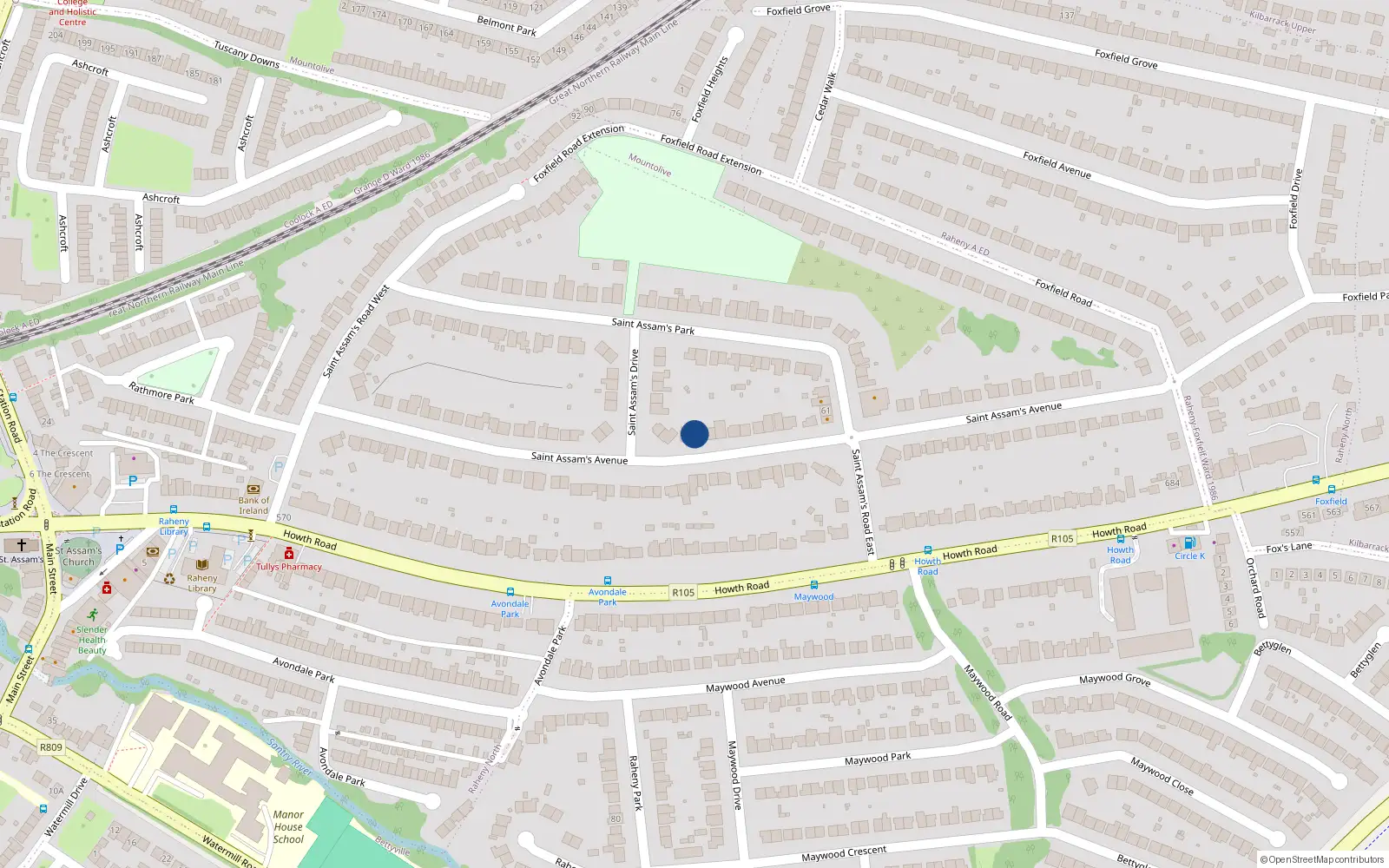 Overhead map showing the location of 46 St Assams Avenue, Raheny, Dublin 5