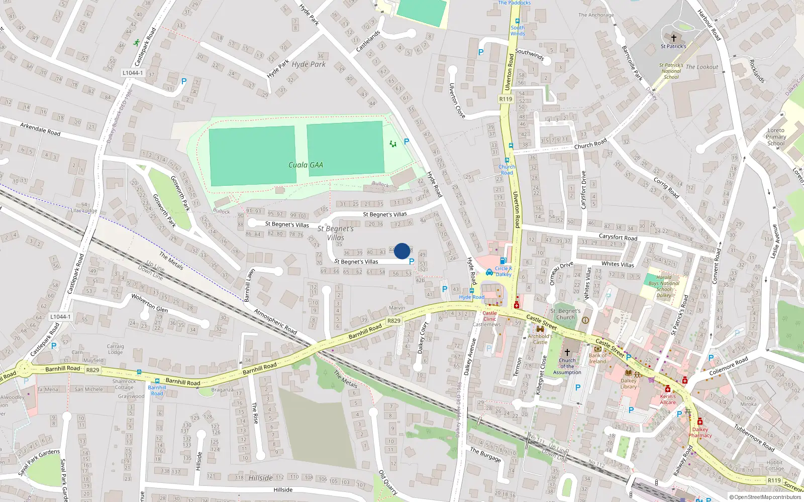 Overhead map showing the location of 46 St Begnets Villas, Dalkey, Dublin