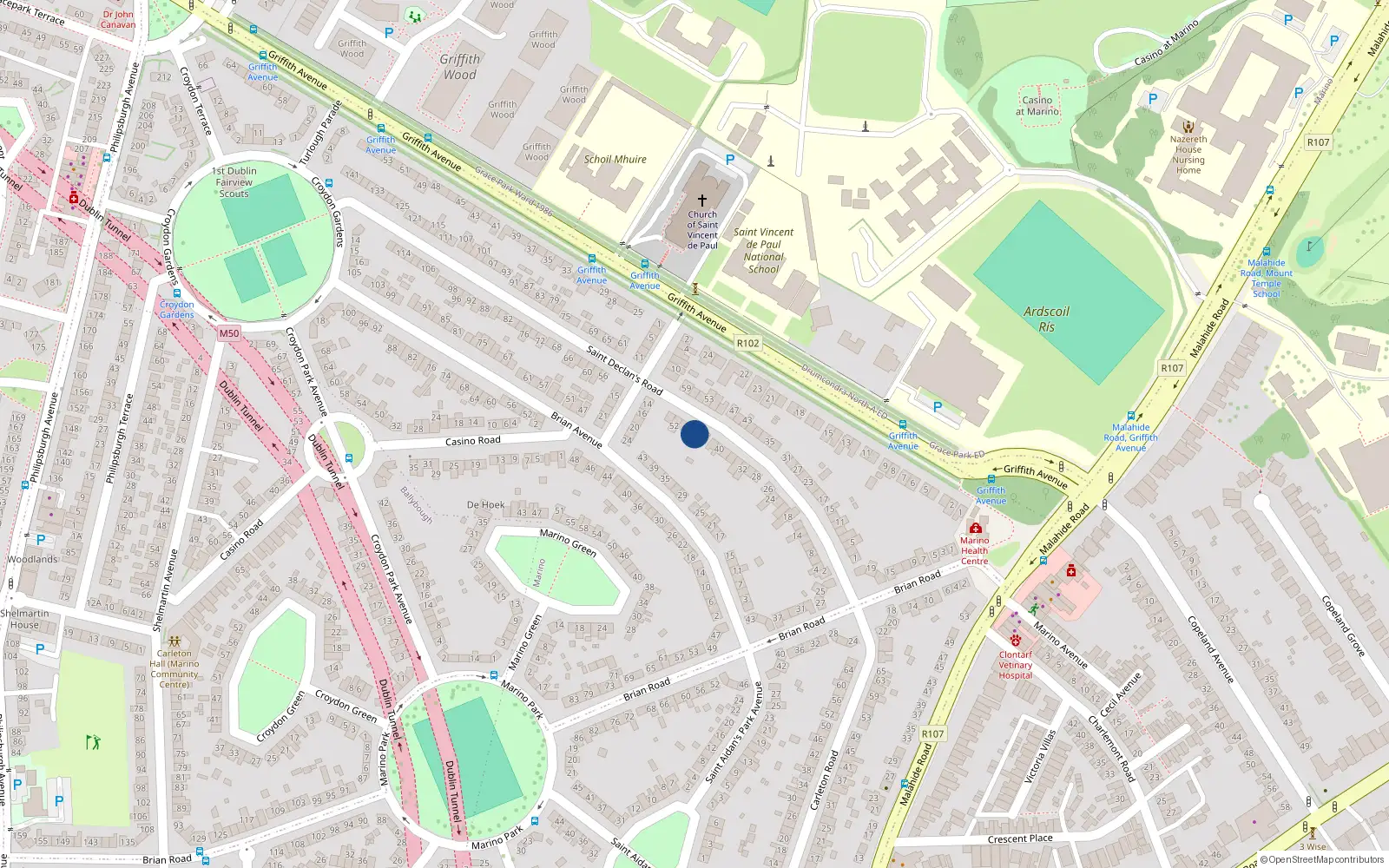 Overhead map showing the location of 46 St Declans Road, Marino, Dublin 3