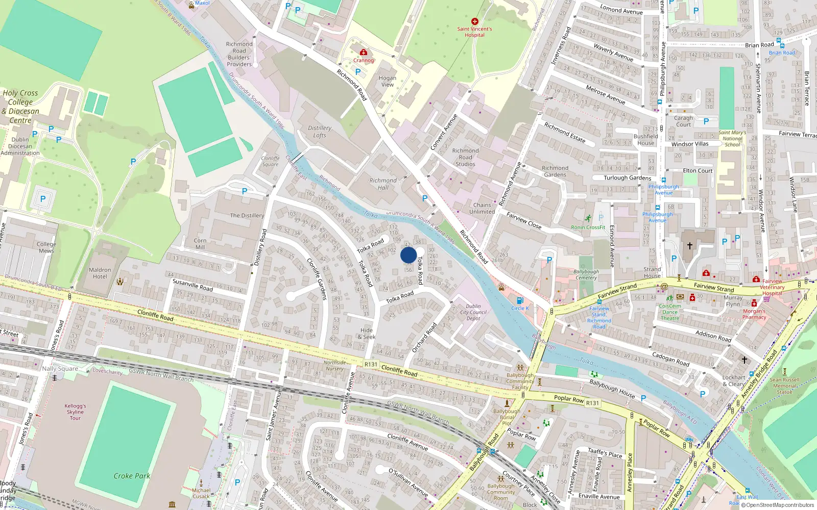 Overhead map showing the location of 46 Tolka Road, Dublin 3, Dublin