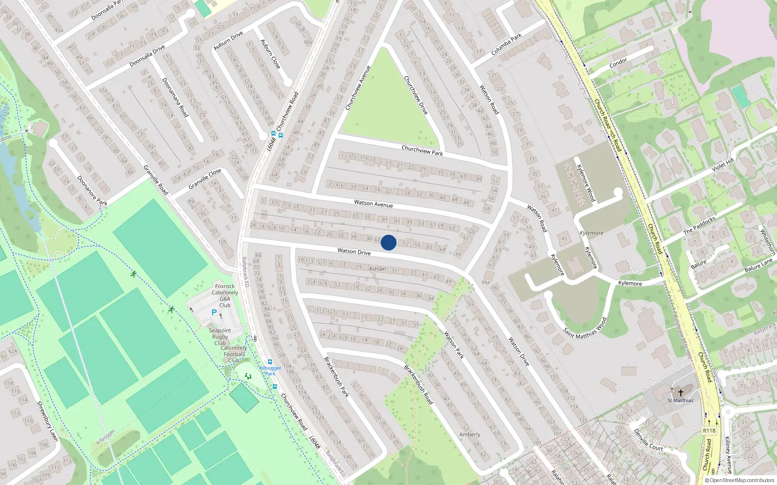 Overhead map showing the location of 46 Watson Drive, Killiney, Dublin