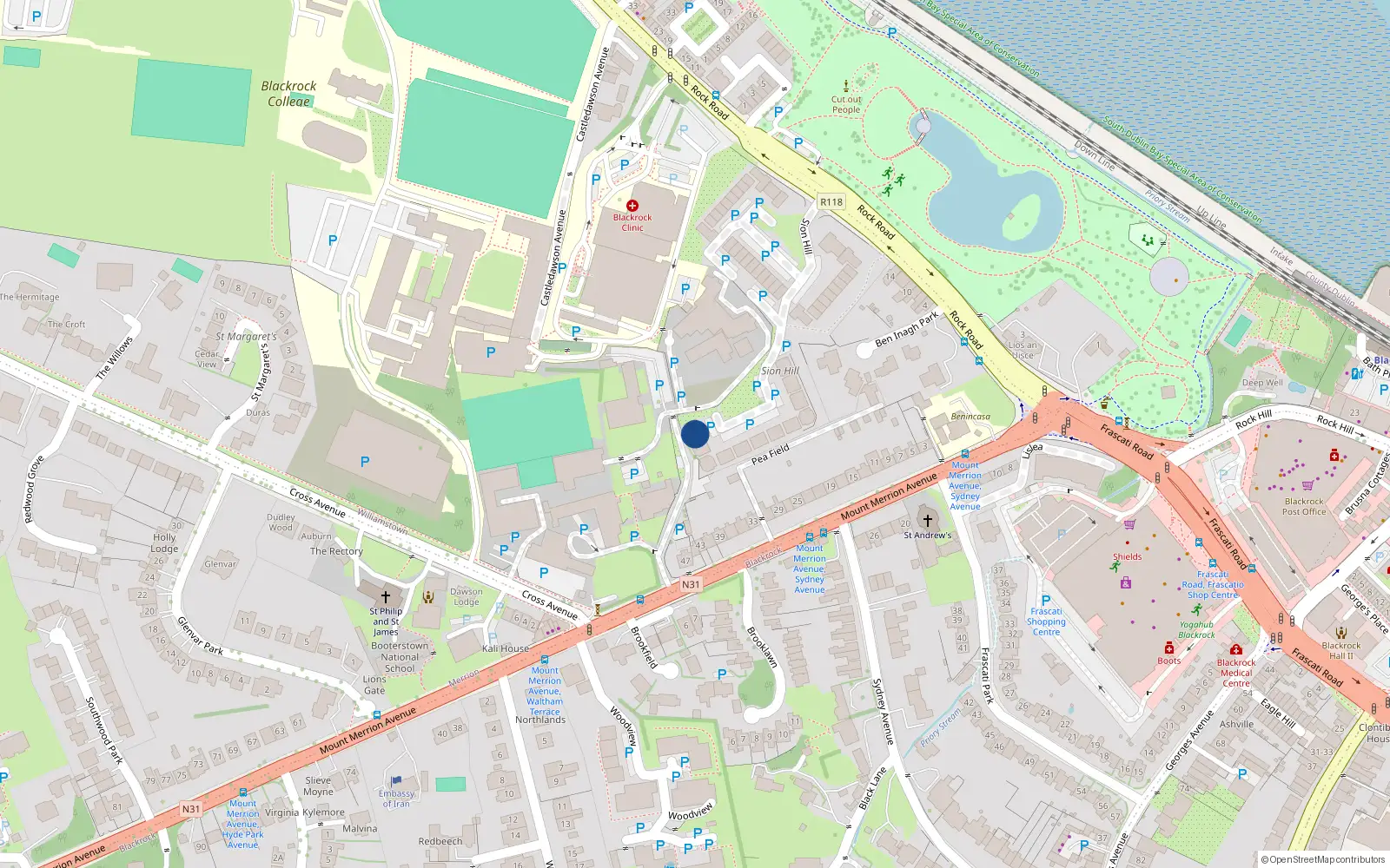 Overhead map showing the location of 46 Westfield, Sion Hill, Blackrock
