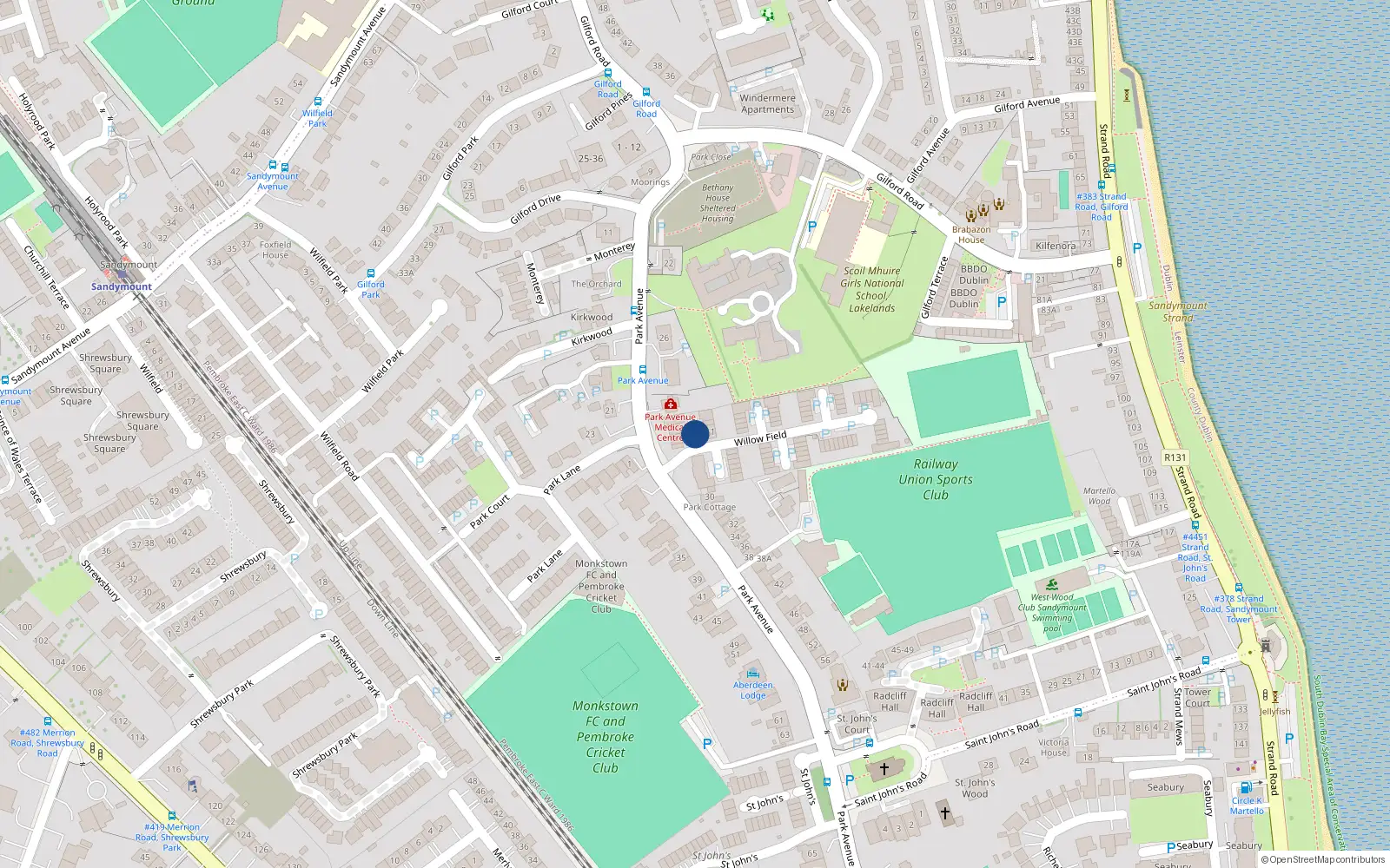 Overhead map showing the location of 46 Willow Field, Sandymount