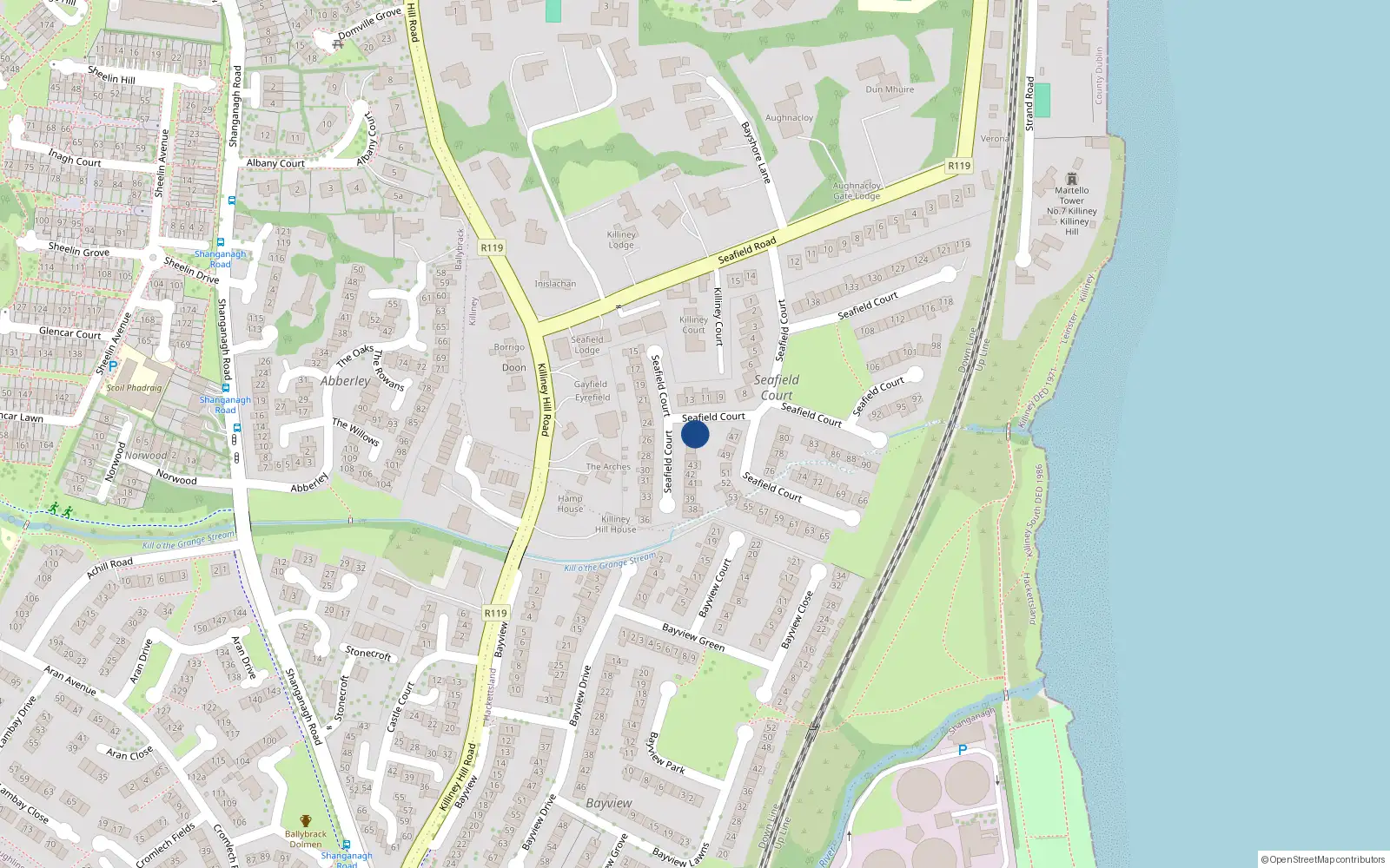 Overhead map showing the location of 46A Seafield Court, Killiney