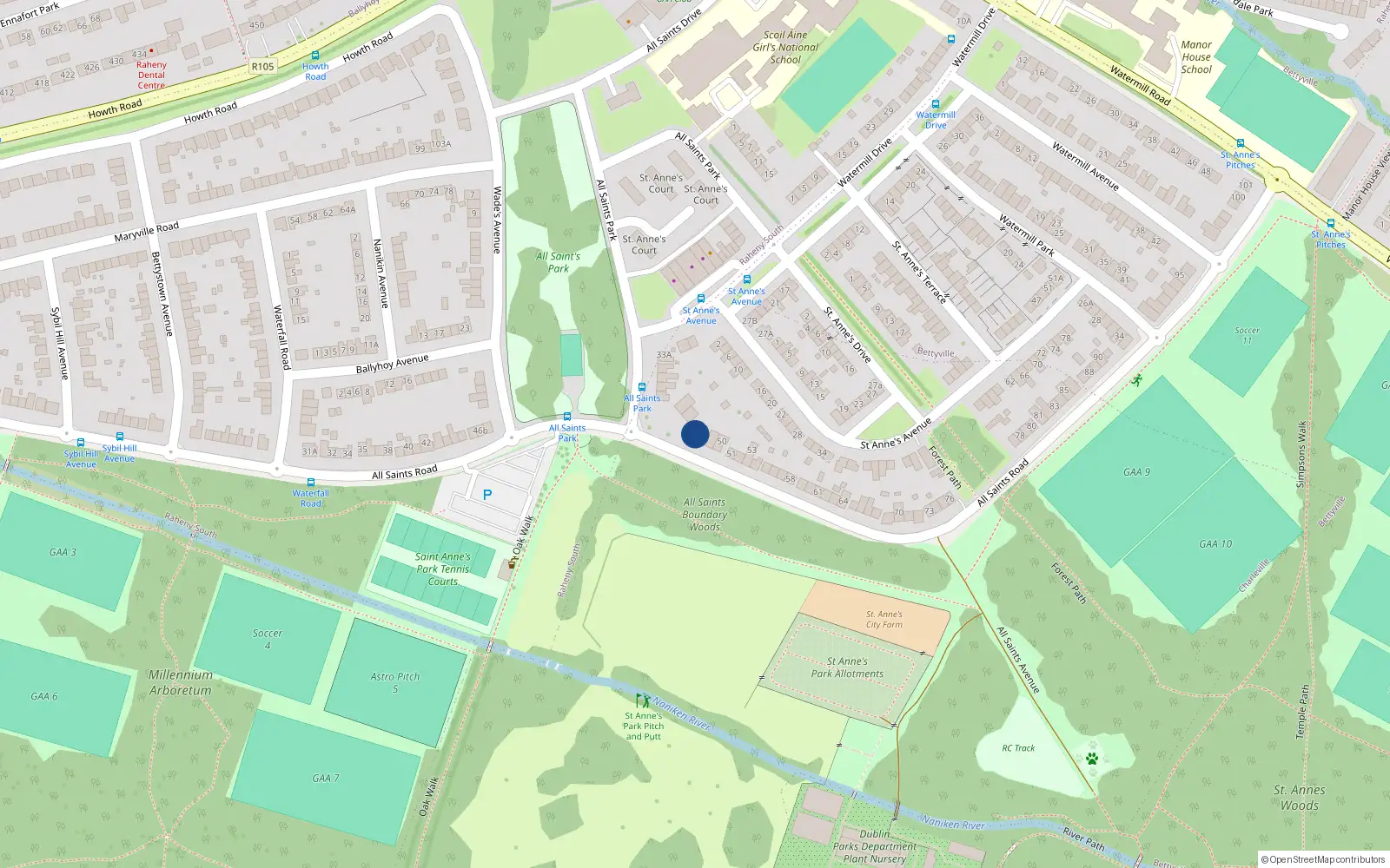Overhead map showing the location of 47 All Saints Road, Dublin 5