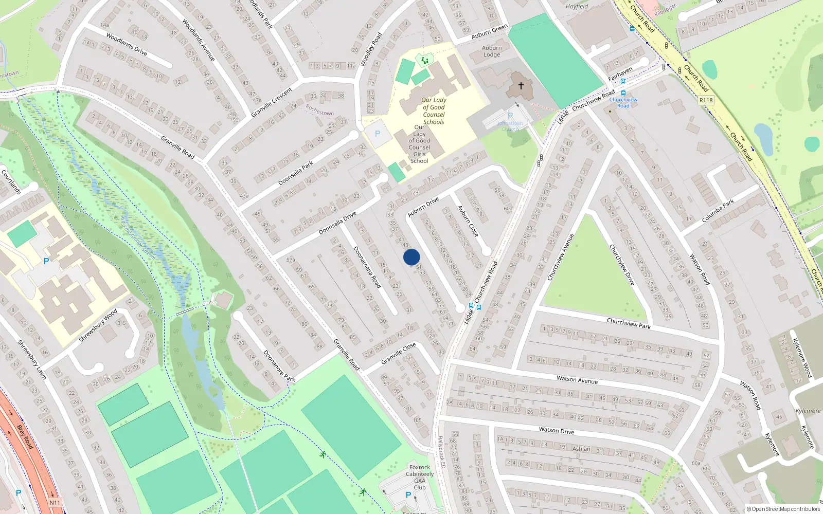 Overhead map showing the location of 47 Auburn Drive, Killiney, Dublin