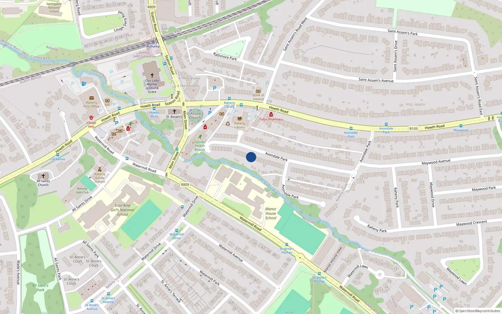 Overhead map showing the location of 47 Avondale Park, Raheny, Dublin 5