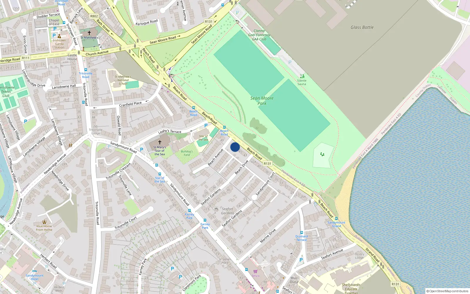 Overhead map showing the location of 47 Beach Road, Sandymount