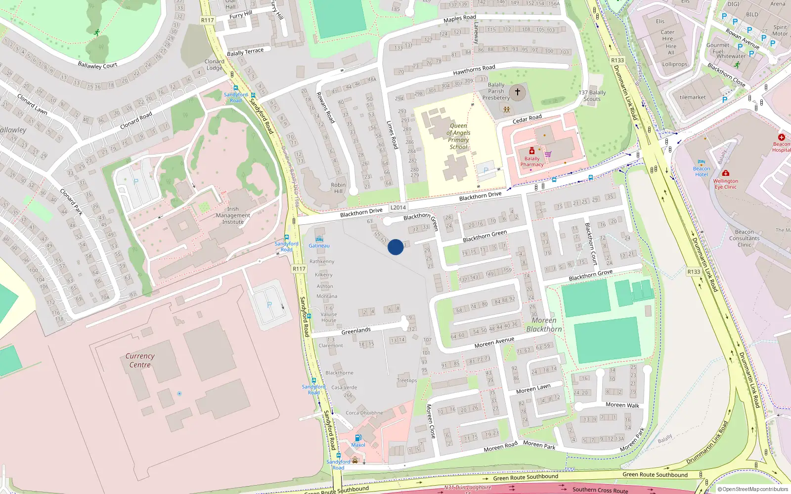 Overhead map showing the location of 47 Blackthorn Green, Dublin 16