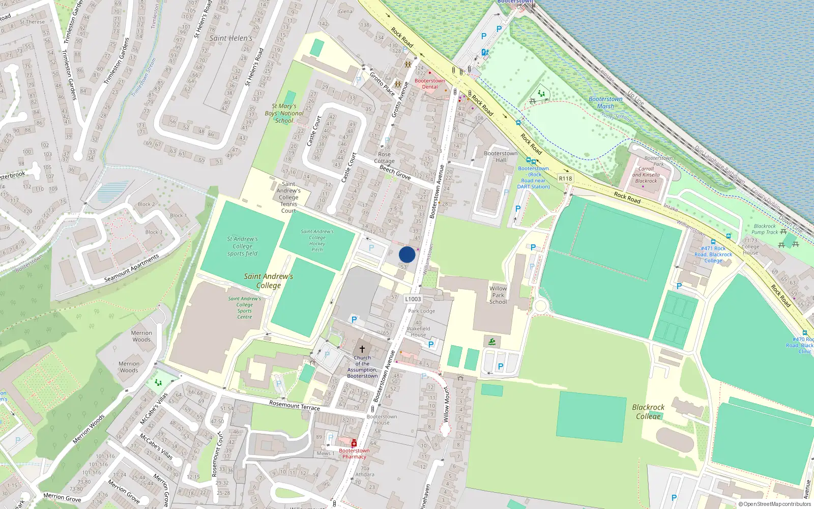Overhead map showing the location of 47 Booterstown Avenue, Blackrock, Dublin