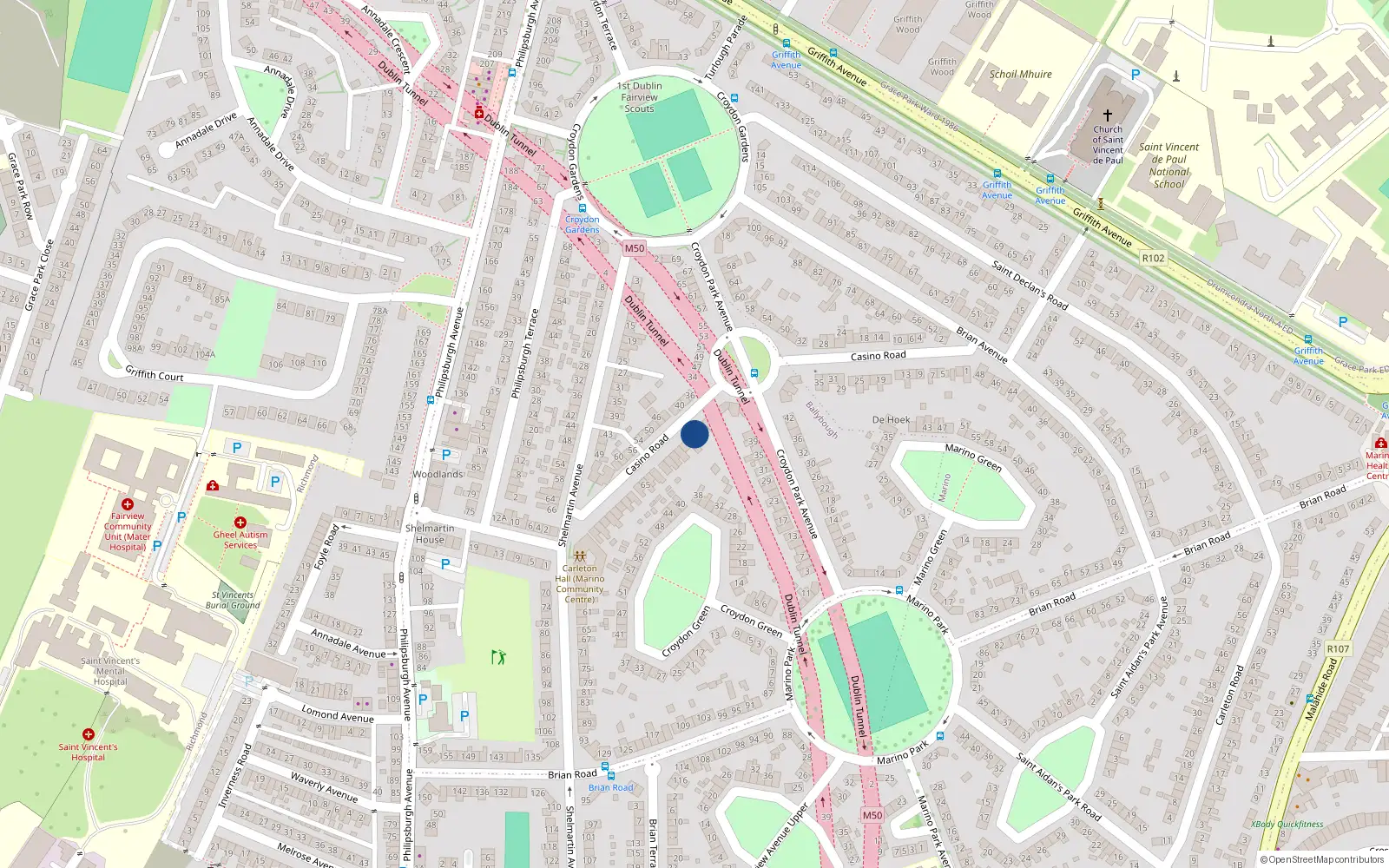Overhead map showing the location of 47 Casino Road, Marino, Dublin 3