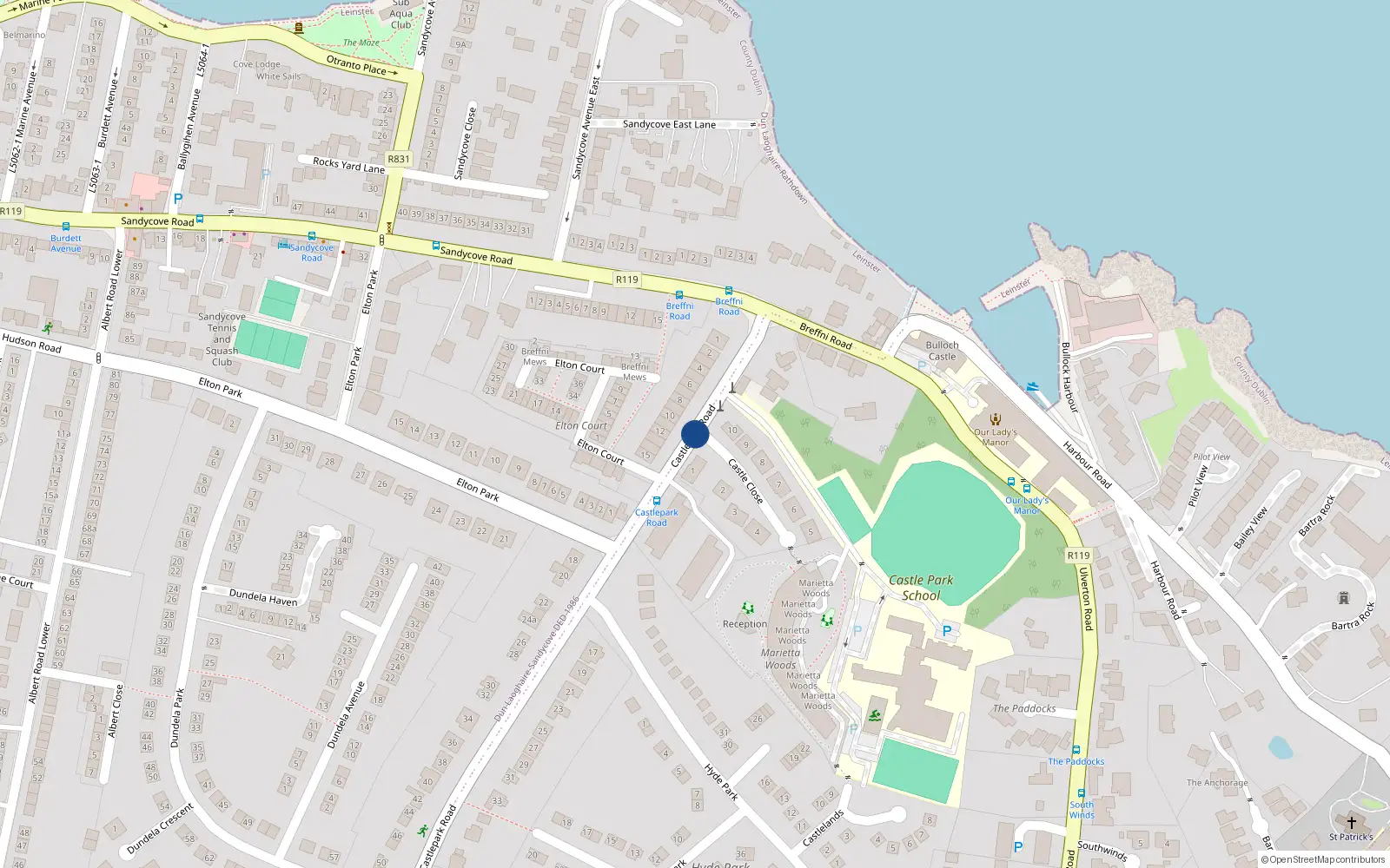 Overhead map showing the location of 47 Castlepark Road, Sandycove