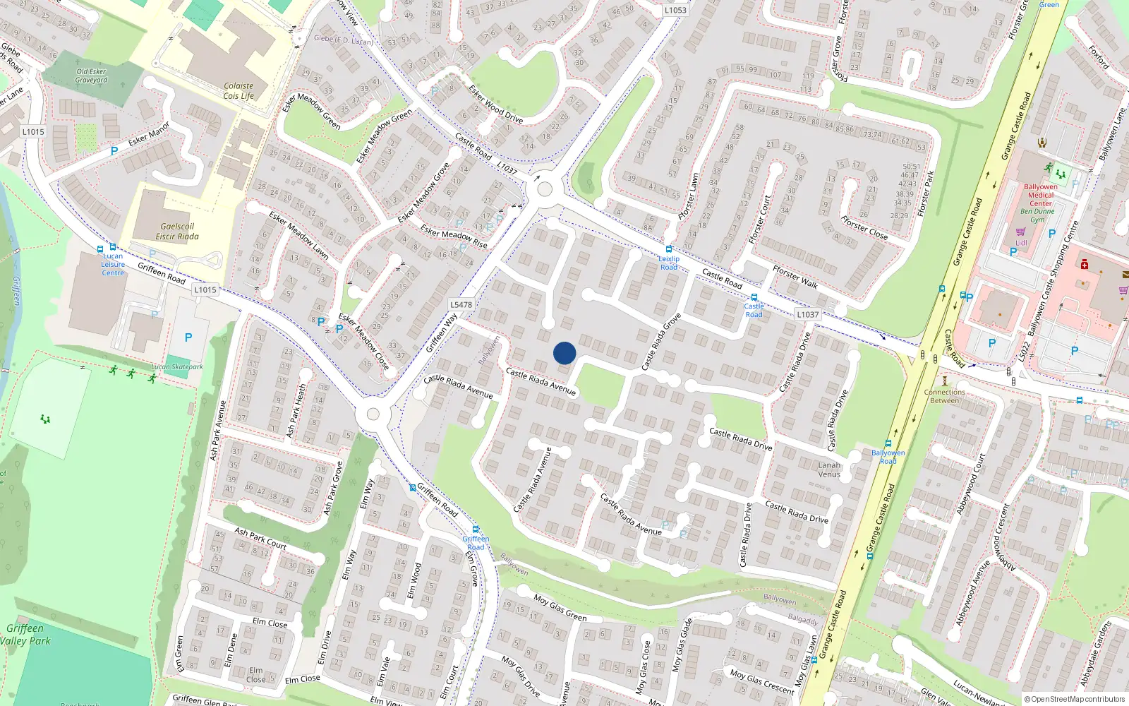 Overhead map showing the location of 47 Castleriada Grove, Lucan, Dublin