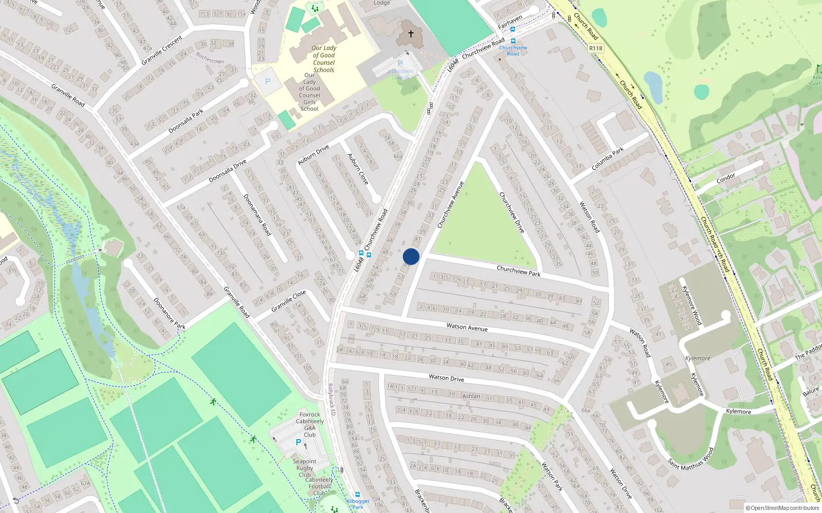 Overhead map showing the location of 47 Churchview Avenue, Killiney