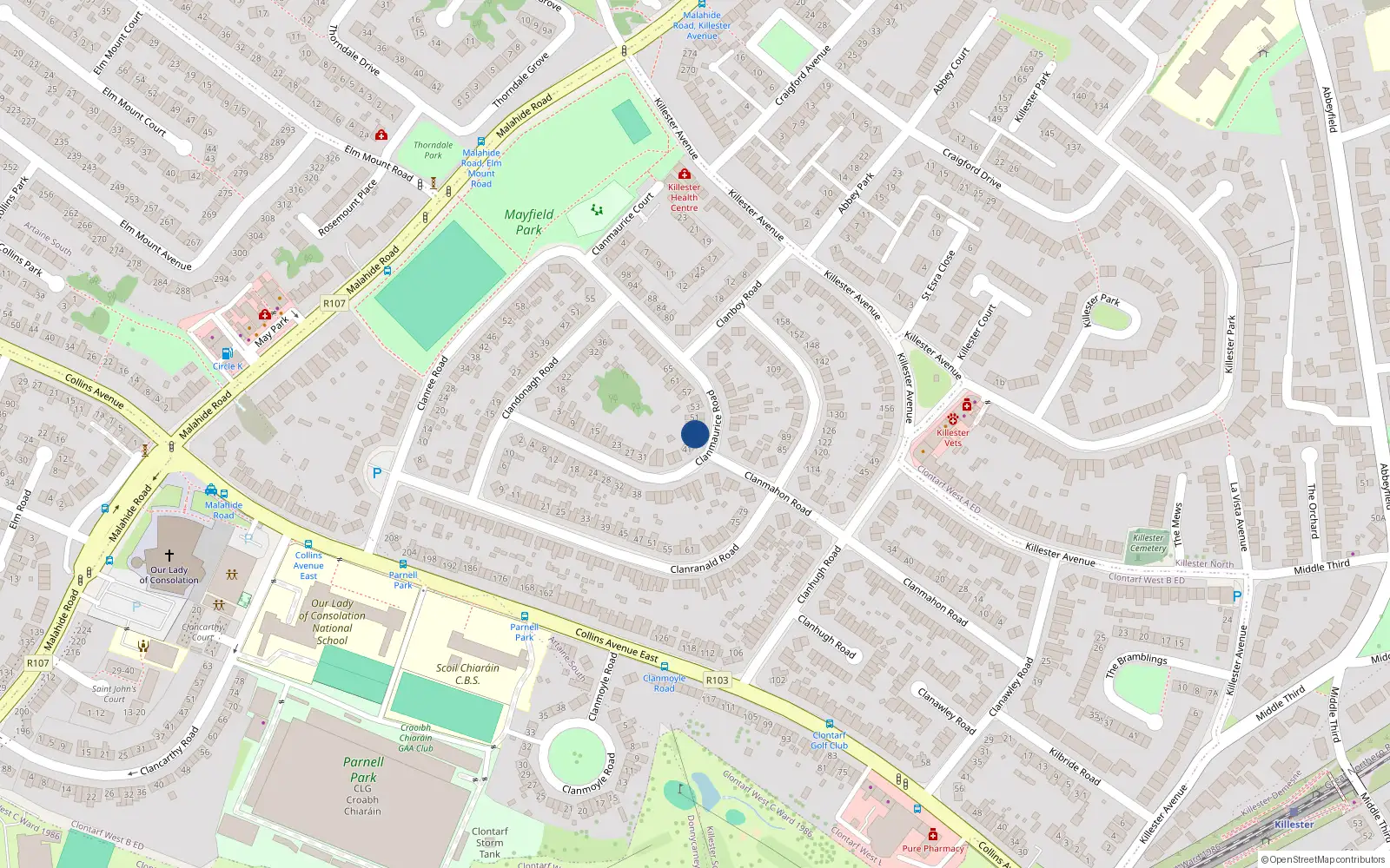 Overhead map showing the location of 47 Clanmaurice Road, Dublin 5