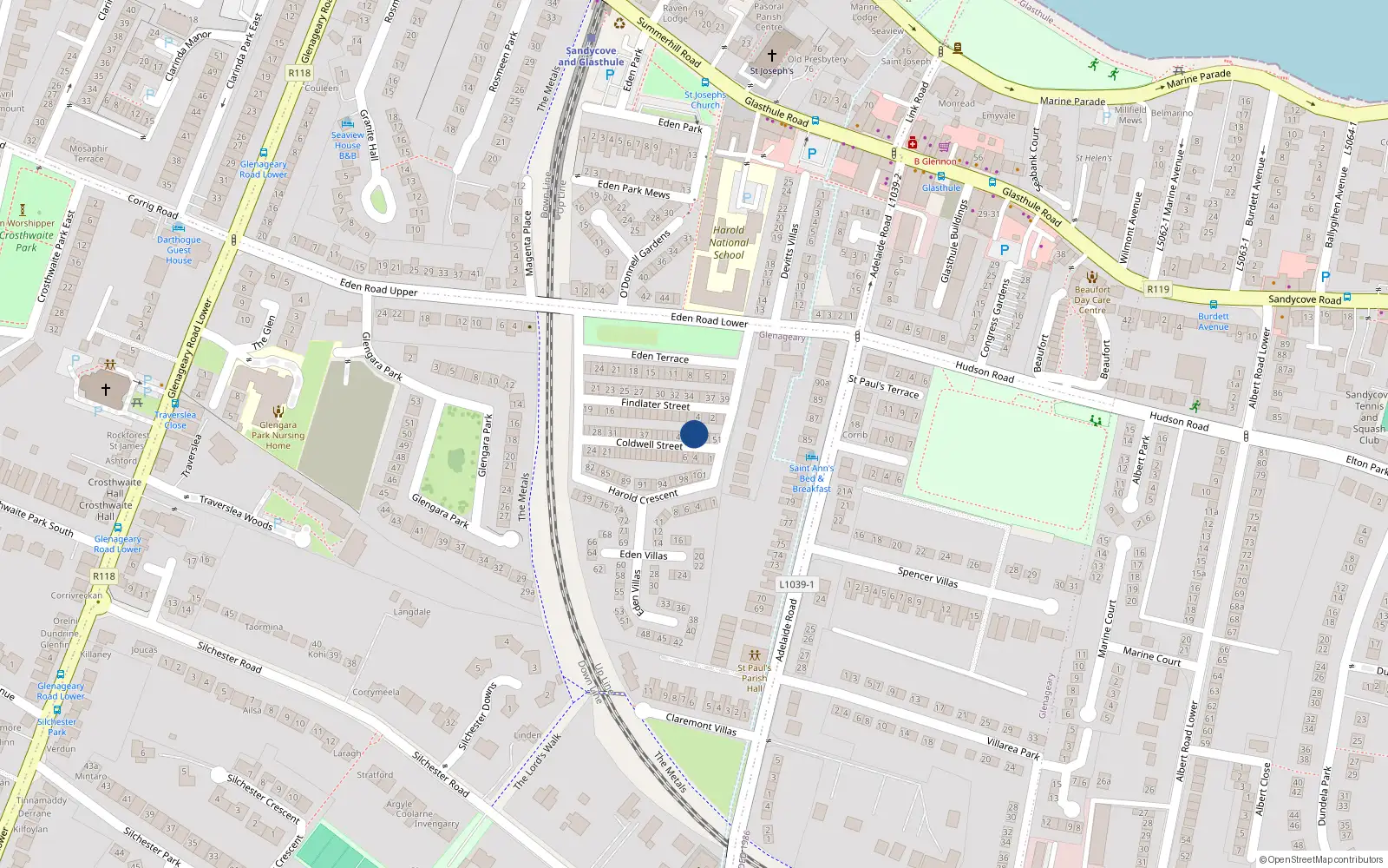 Overhead map showing the location of 47 Coldwell St, Glasthule, Dublin