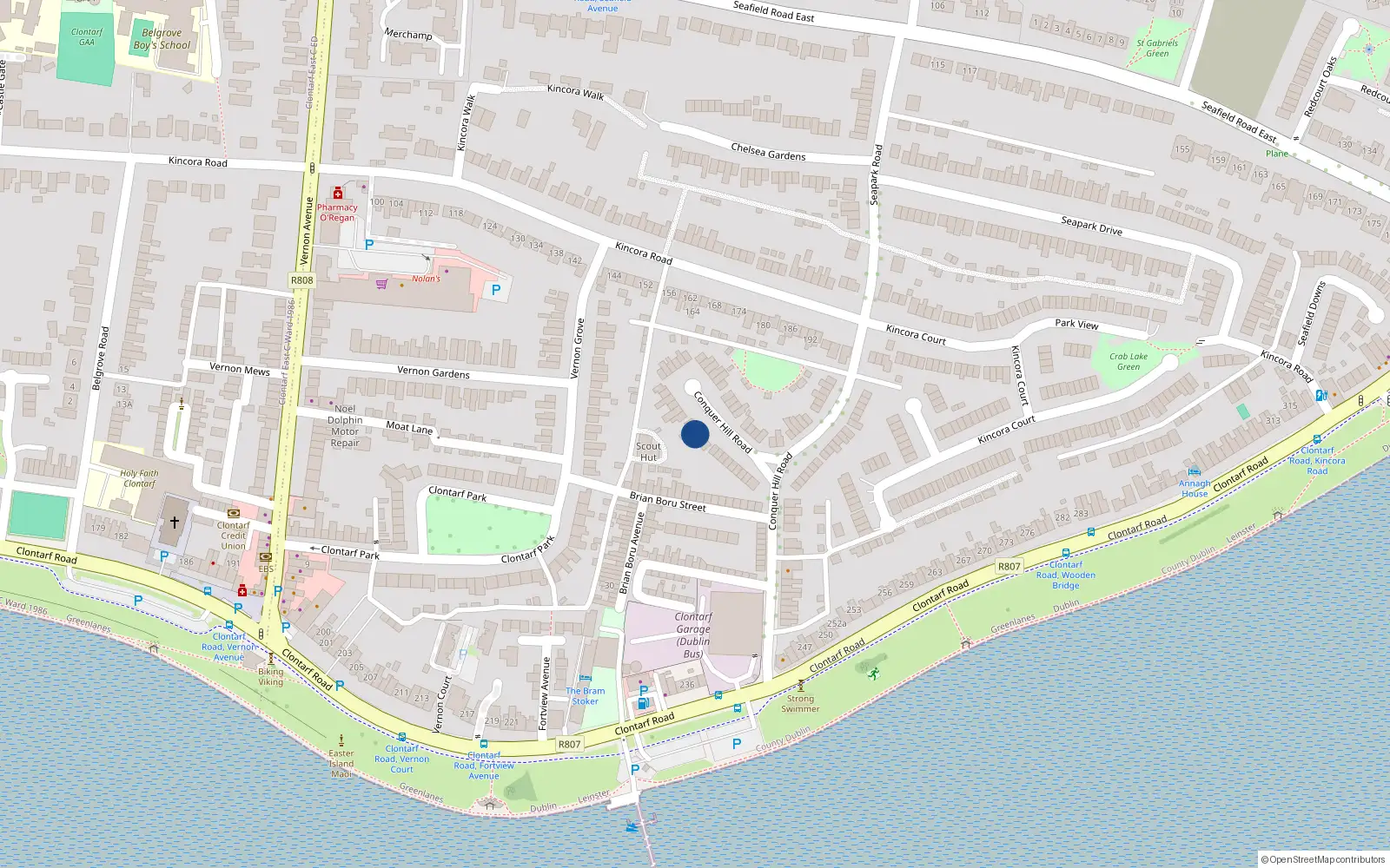 Overhead map showing the location of 47 Conquer Hill Road, Clontarf, Dublin 3