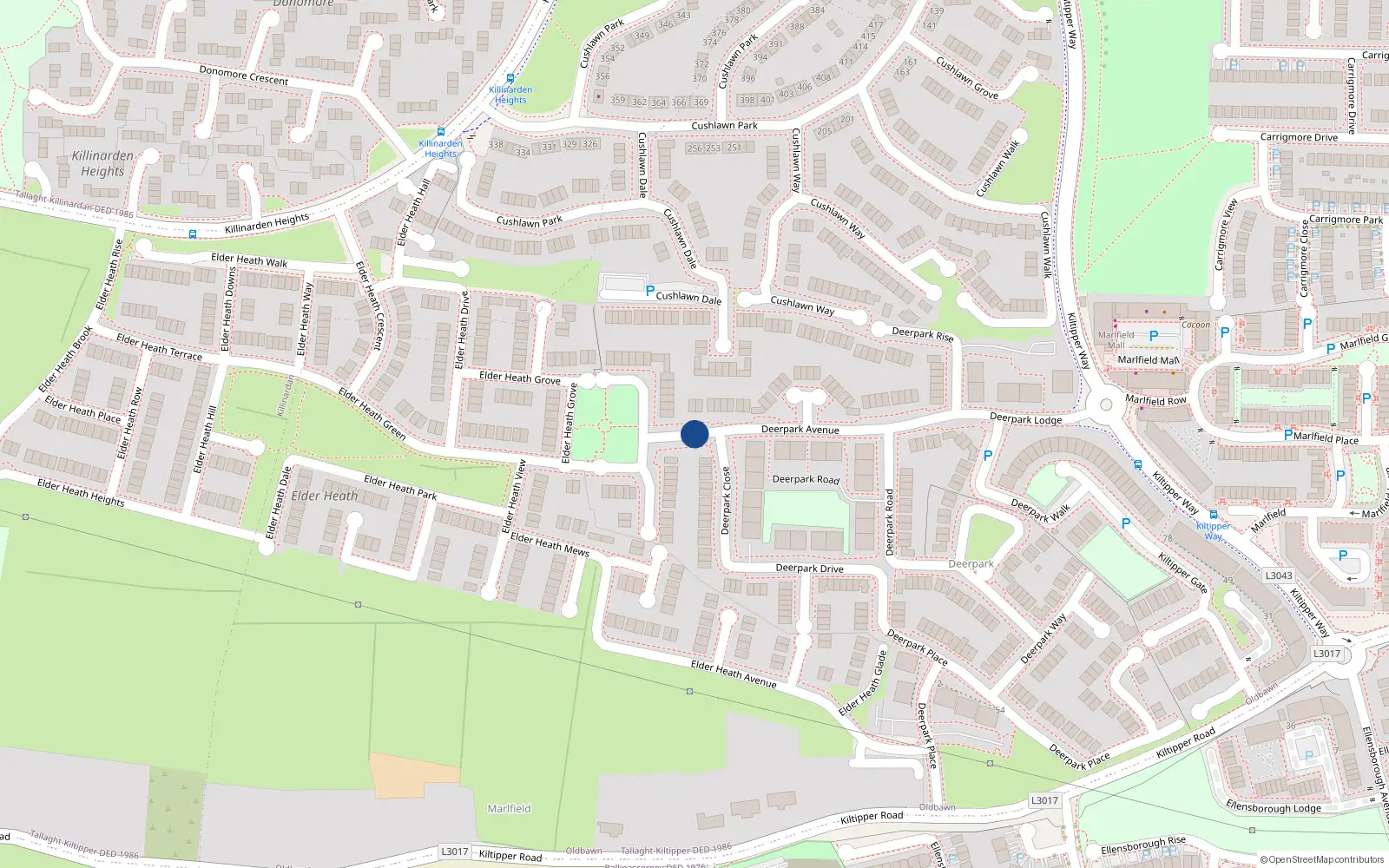 Overhead map showing the location of 47 Deerpark Avenue, Tallaght