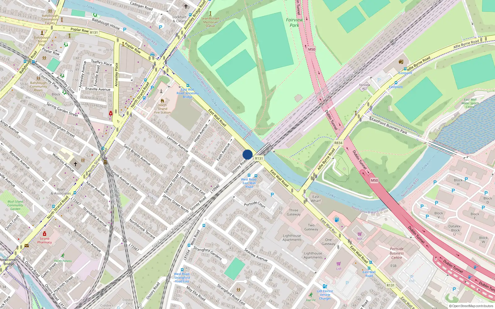 Overhead map showing the location of 47 East Wall Road, Dublin