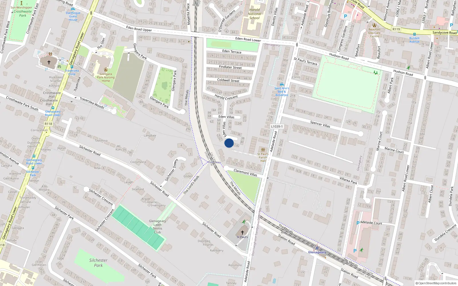 Overhead map showing the location of 47 Eden Villas, Glasthule, Dublin