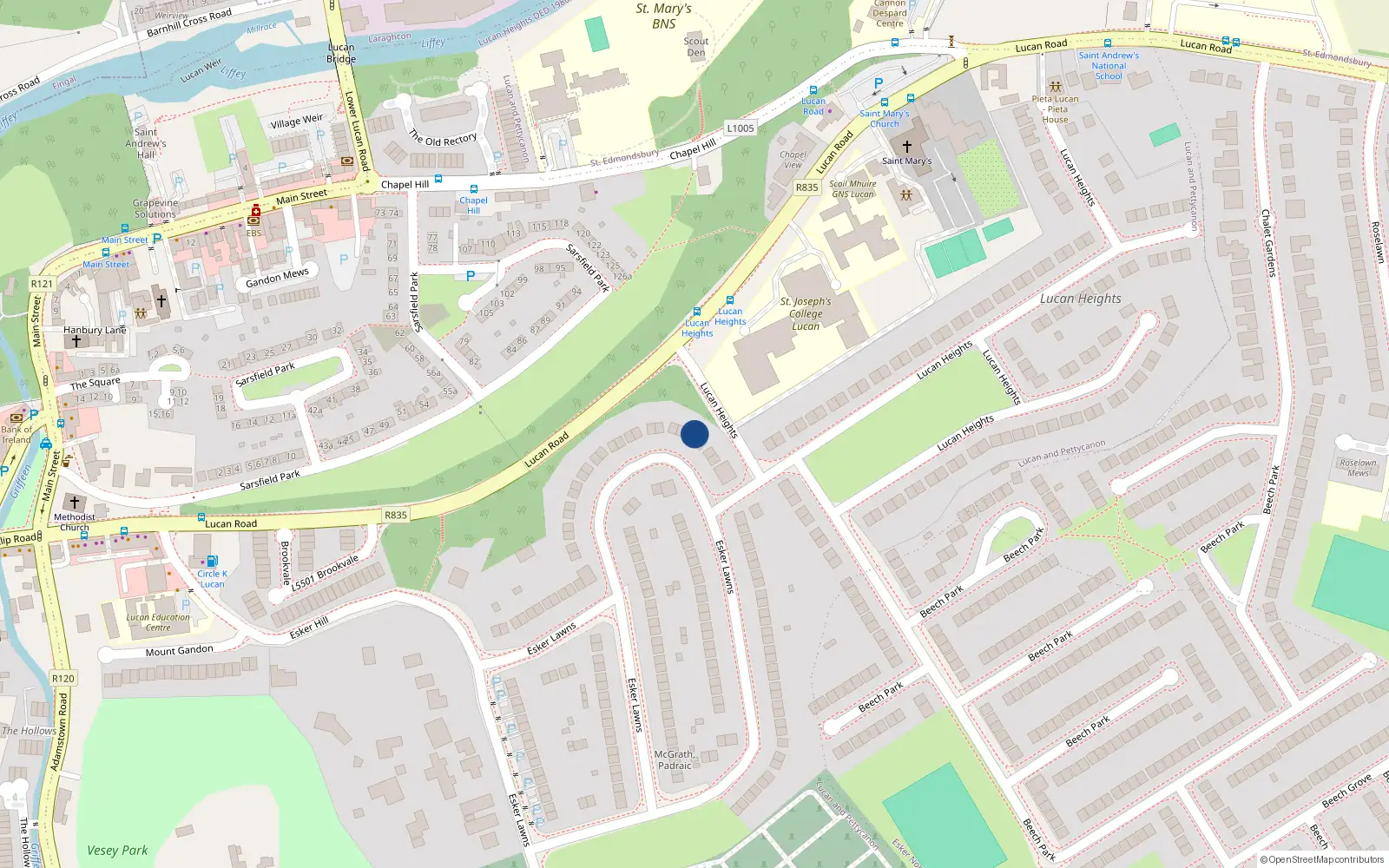 Overhead map showing the location of 47 Esker Lawns, Lucan