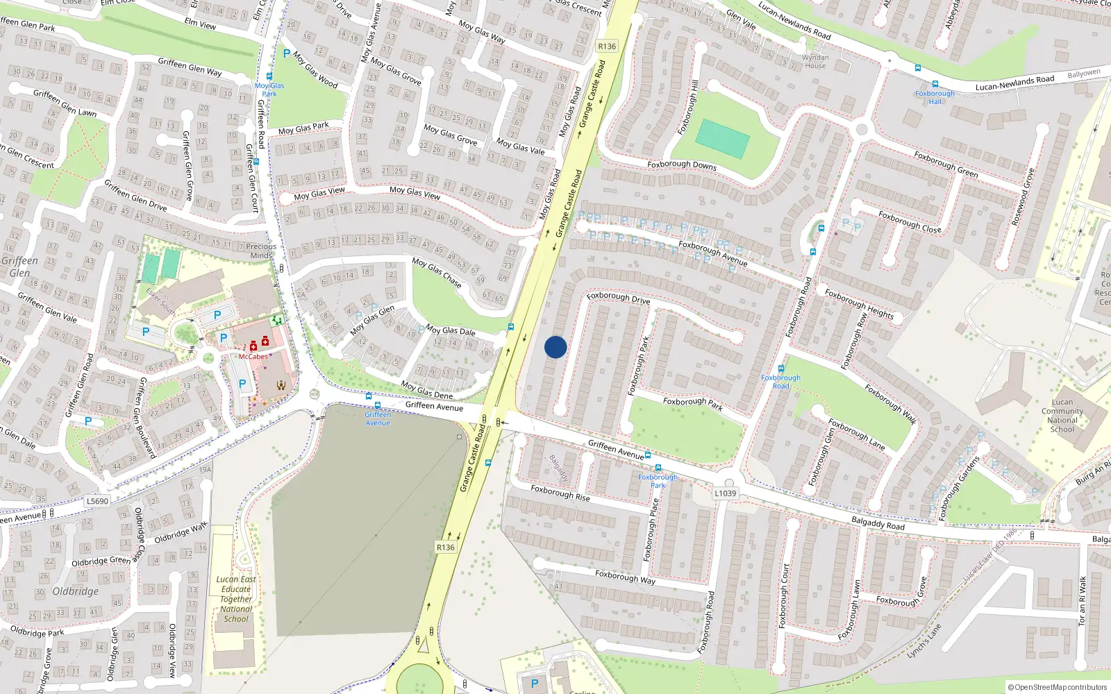 Overhead map showing the location of 47 Foxborough Drive, Lucan, Dublin