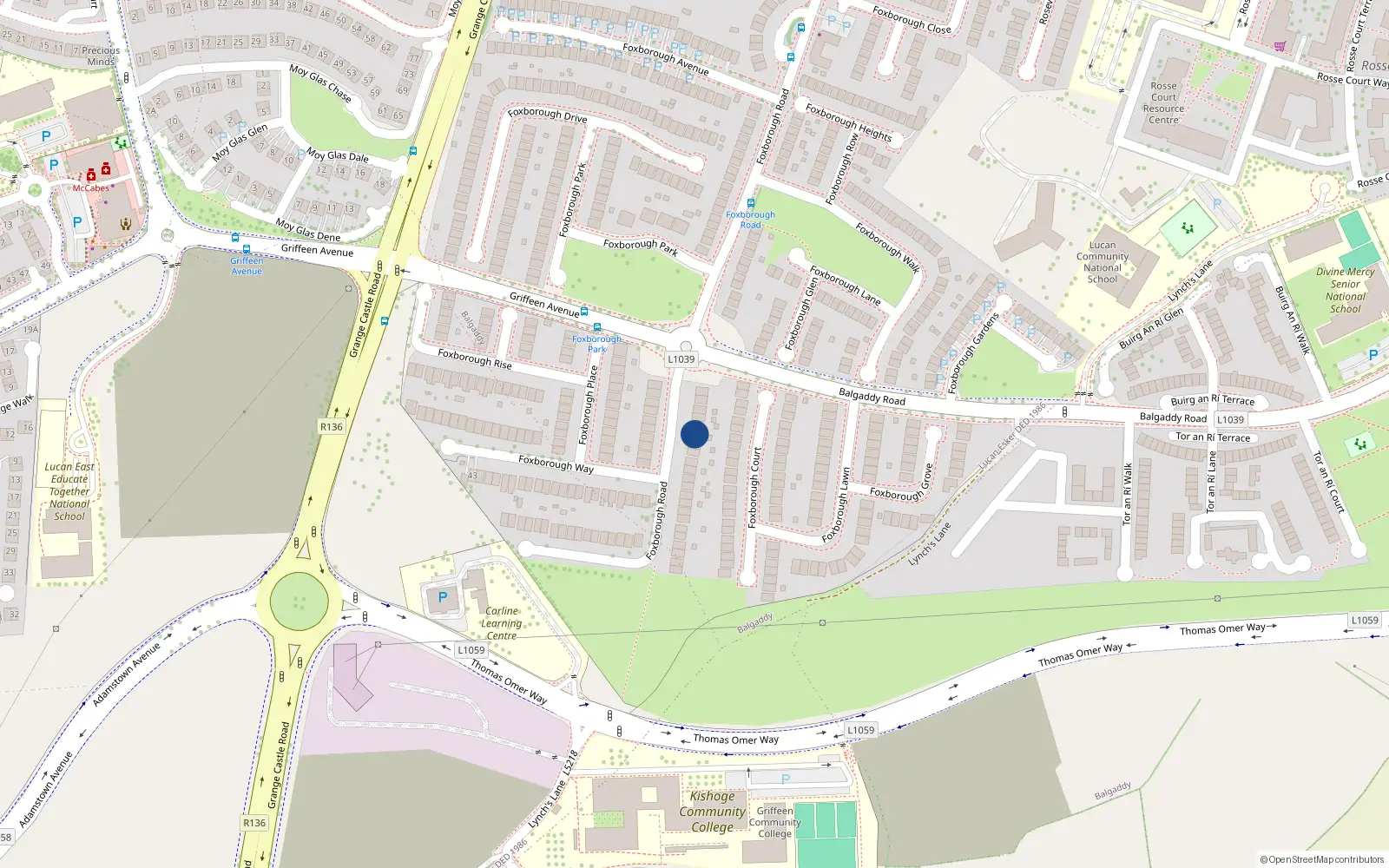 Overhead map showing the location of 47 Foxborough Road, Lucan