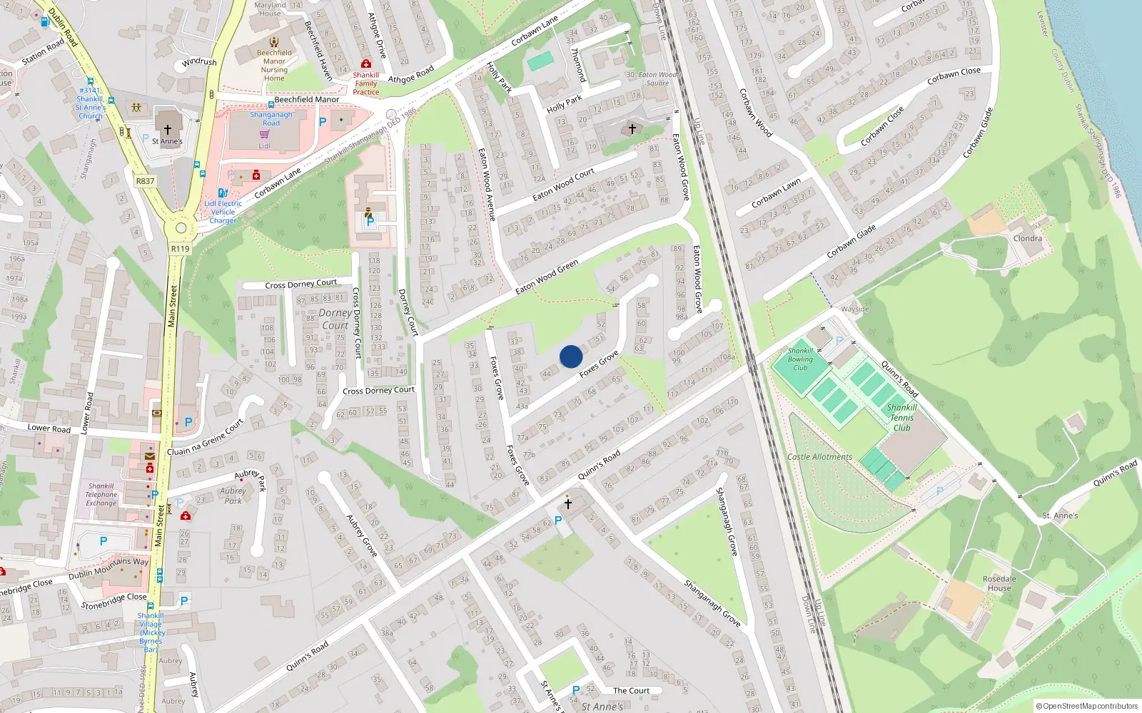 Overhead map showing the location of 47 Foxes Grove, Shankill