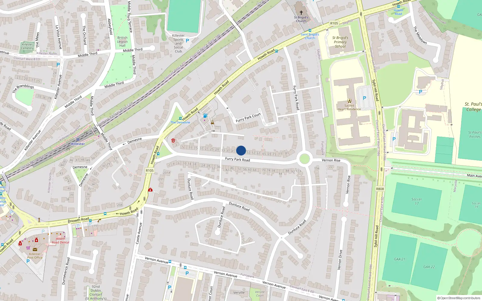 Overhead map showing the location of 47 Furry Park Road, Dublin 5