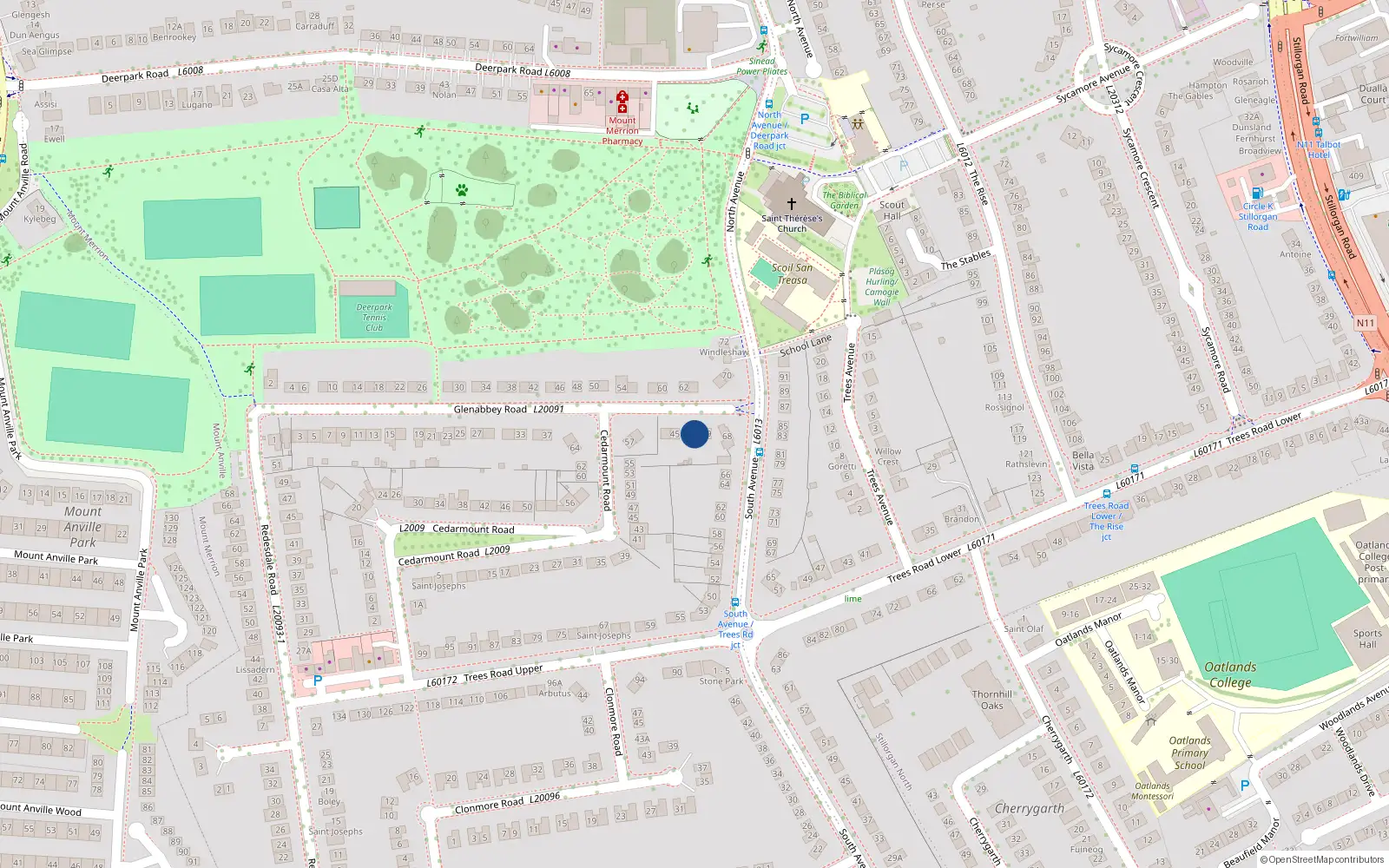 Overhead map showing the location of 47 Glenabbey Road, Mount Merrion, Co Dublin