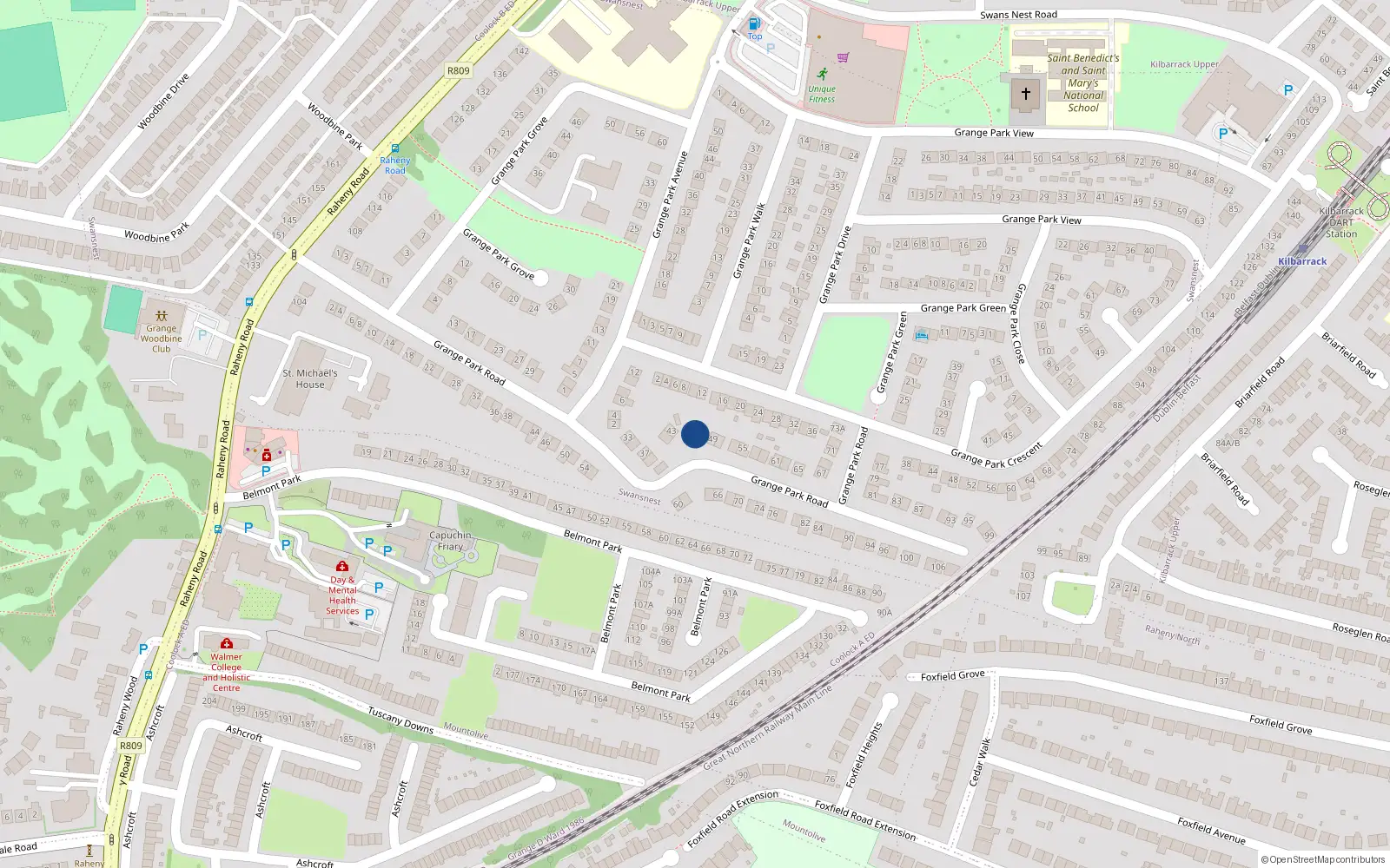 Overhead map showing the location of 47 Grange Park Road, Raheny, Dublin 5