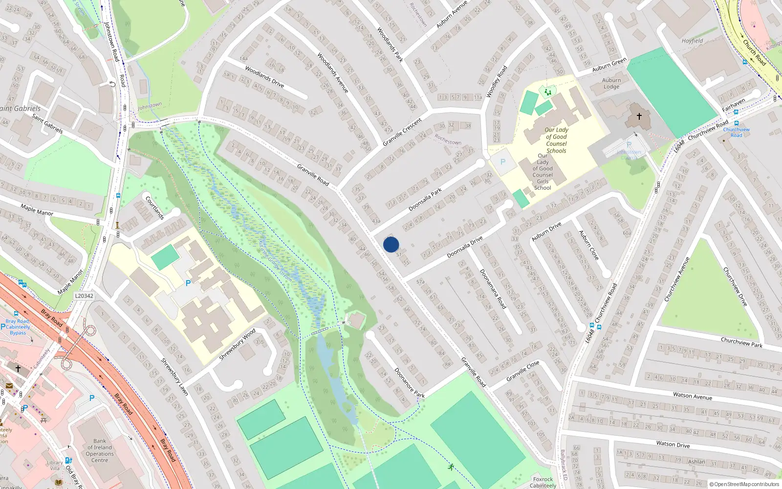 Overhead map showing the location of 47 Granville Road, Dun Laoghaire, Dublin