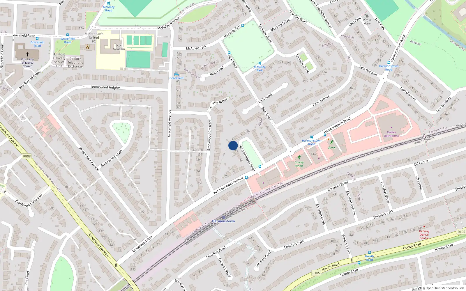 Overhead map showing the location of 47 Harmonstown Road, Dublin 5