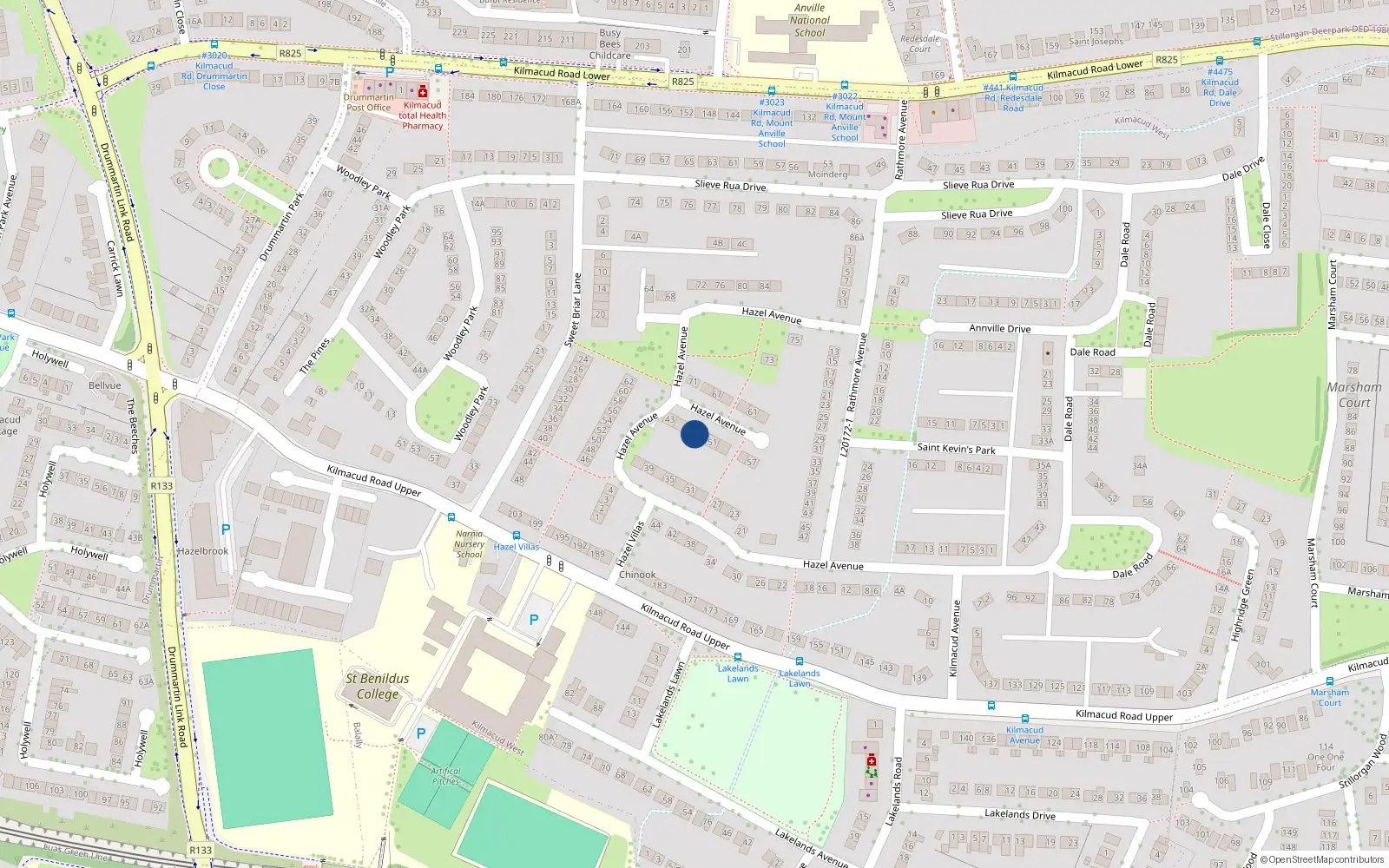 Overhead map showing the location of 47 Hazel Avenue, Kilmacud, Blackrock
