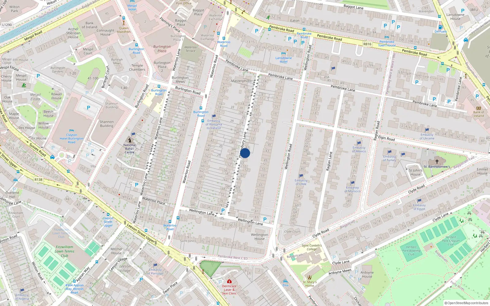 Overhead map showing the location of 47 Heytesbury Lane, Dublin 4