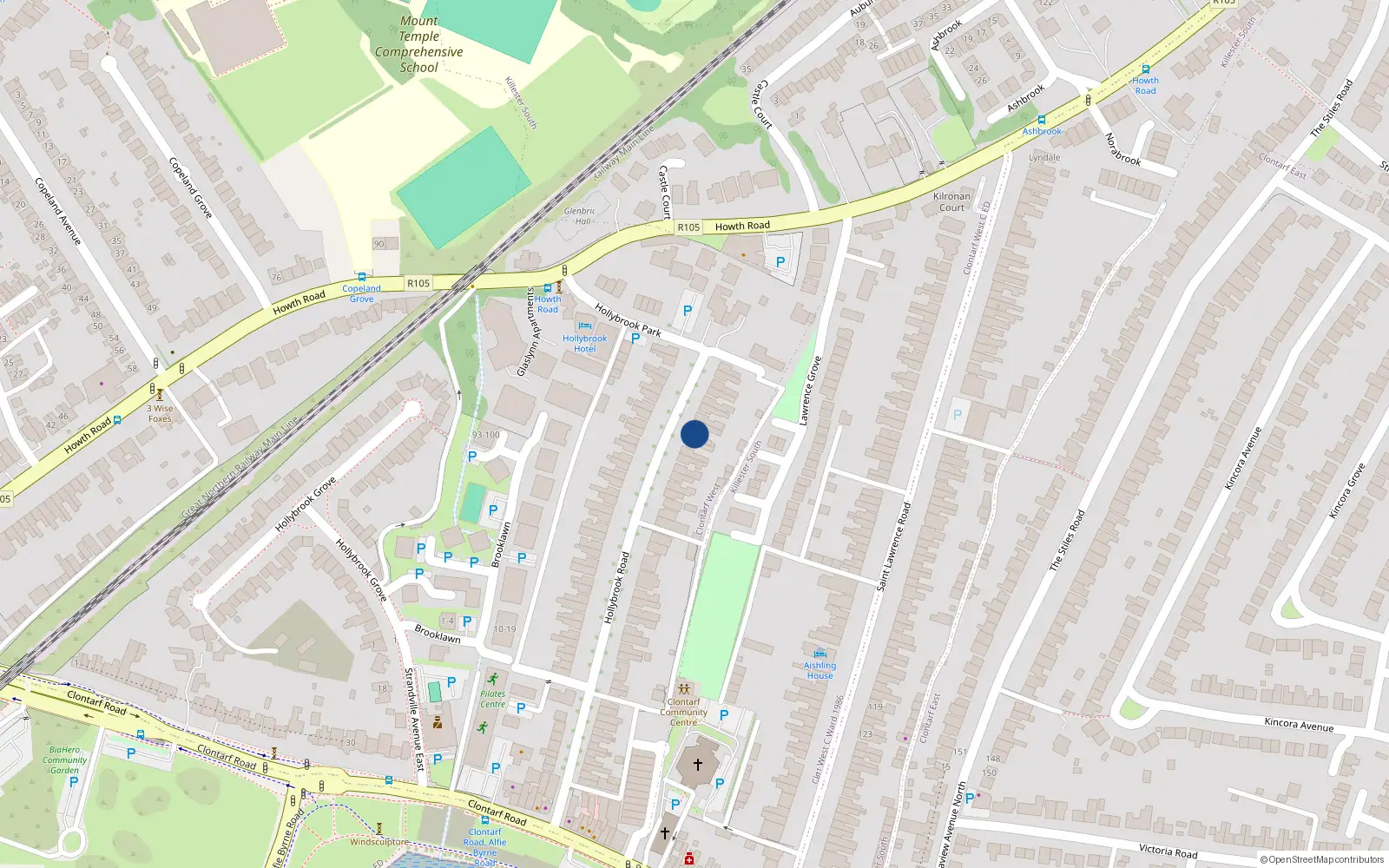 Overhead map showing the location of 47 Hollybrook Road, Clontarf, Dublin 3