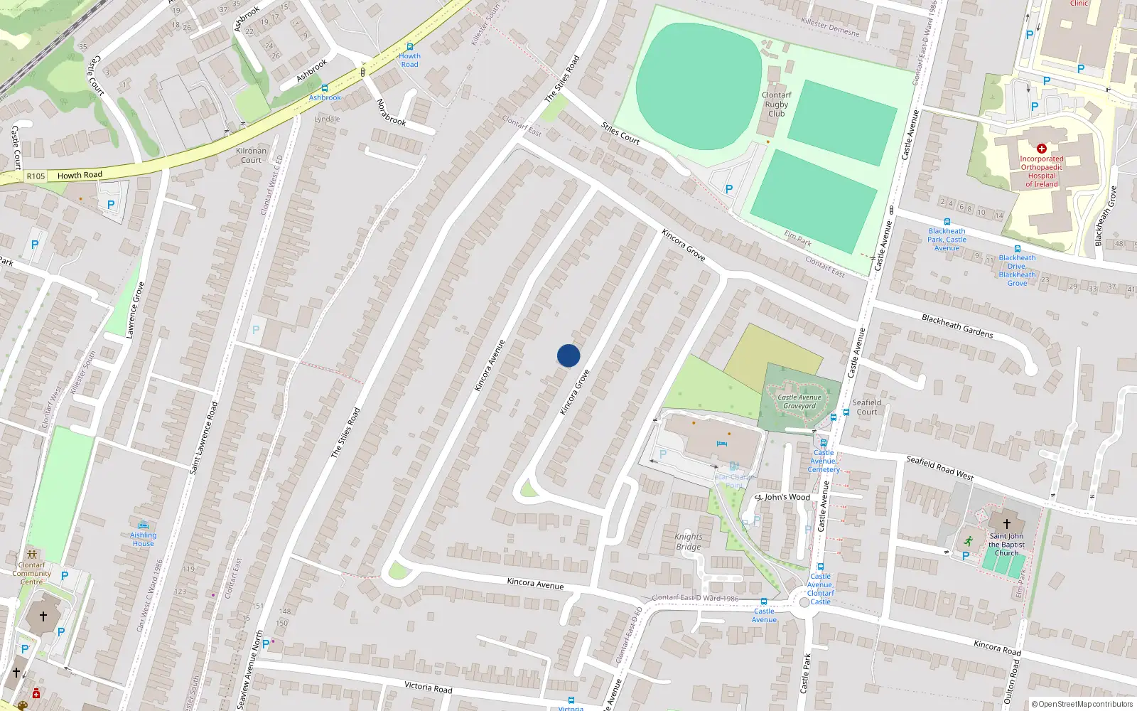 Overhead map showing the location of 47 Kincora Drive, Clontarf, Dublin 3