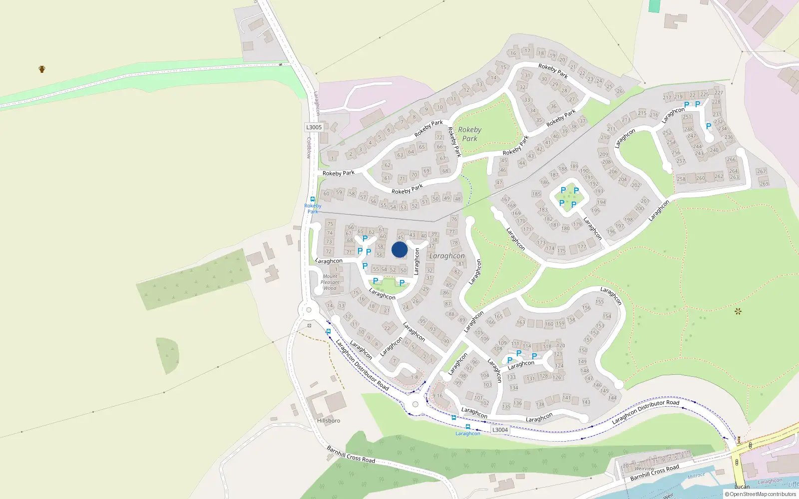 Overhead map showing the location of 47 Laraghcon, Lucan, Dublin