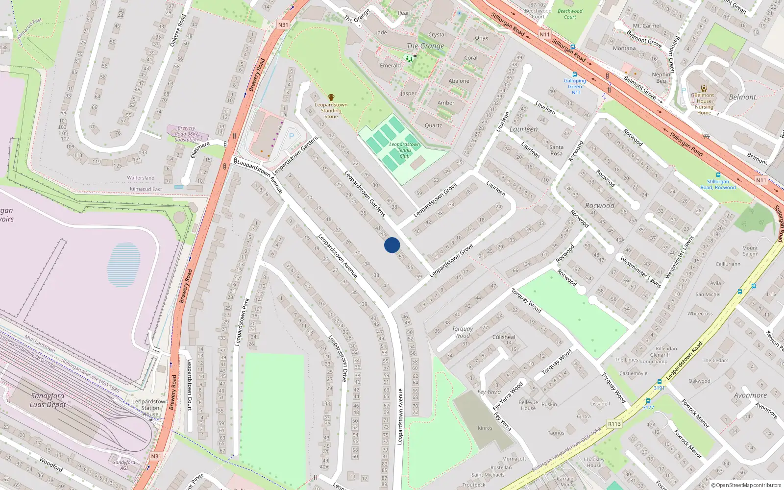 Overhead map showing the location of 47 Leopardstown Gardens, Blackrock, Dublin