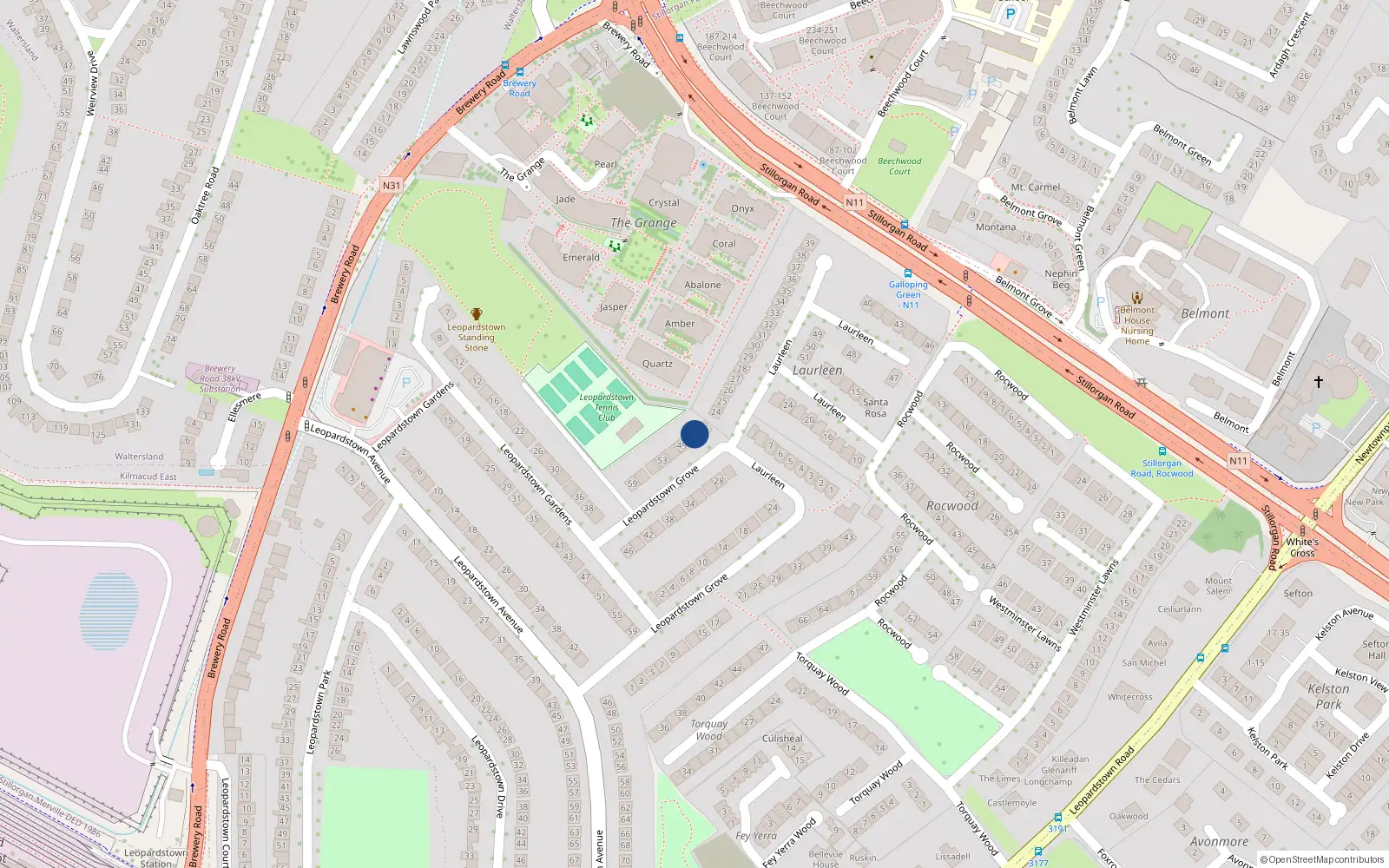 Overhead map showing the location of 47 Leopardstown Grove, Dublin