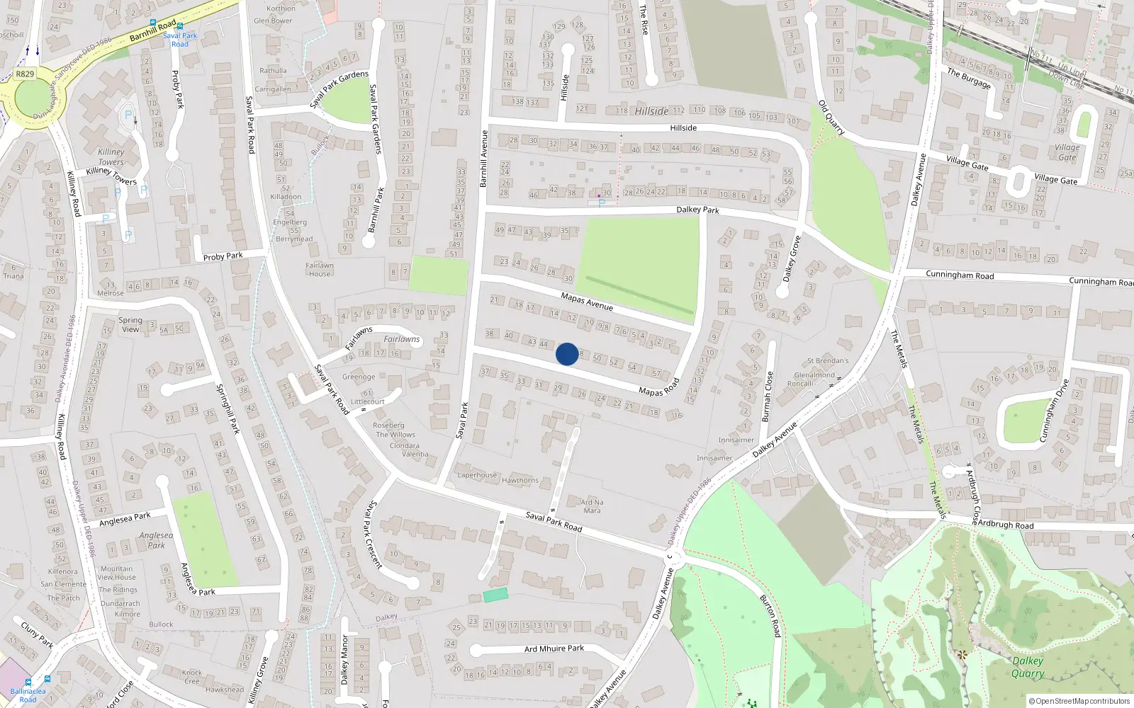 Overhead map showing the location of 47 Mapas Road, Dalkey, Dublin