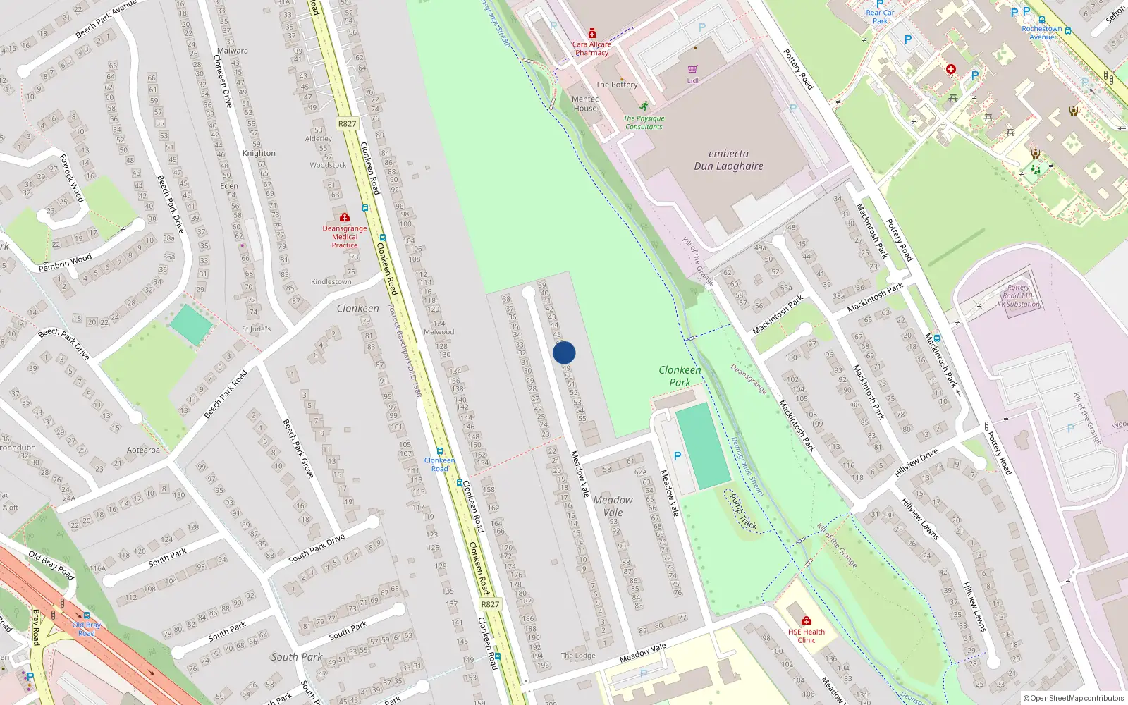 Overhead map showing the location of 47 Meadow Vale, Blackrock