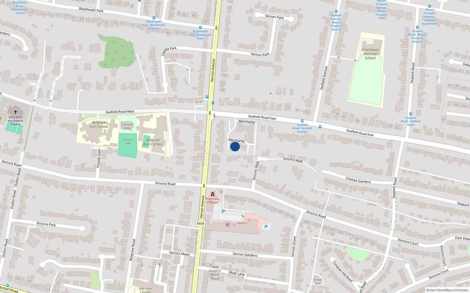 Overhead map showing the location of 47 Merchamp, Seafield Road East, Clontarf