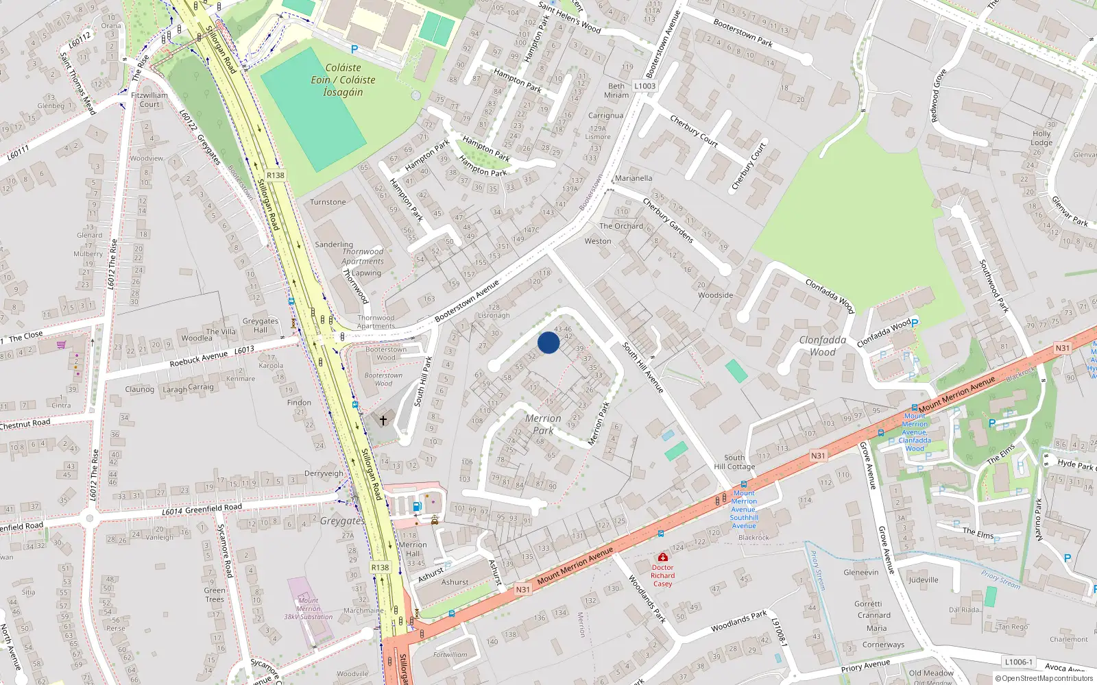Overhead map showing the location of 47 Merrion Park, Blackrock, Dublin