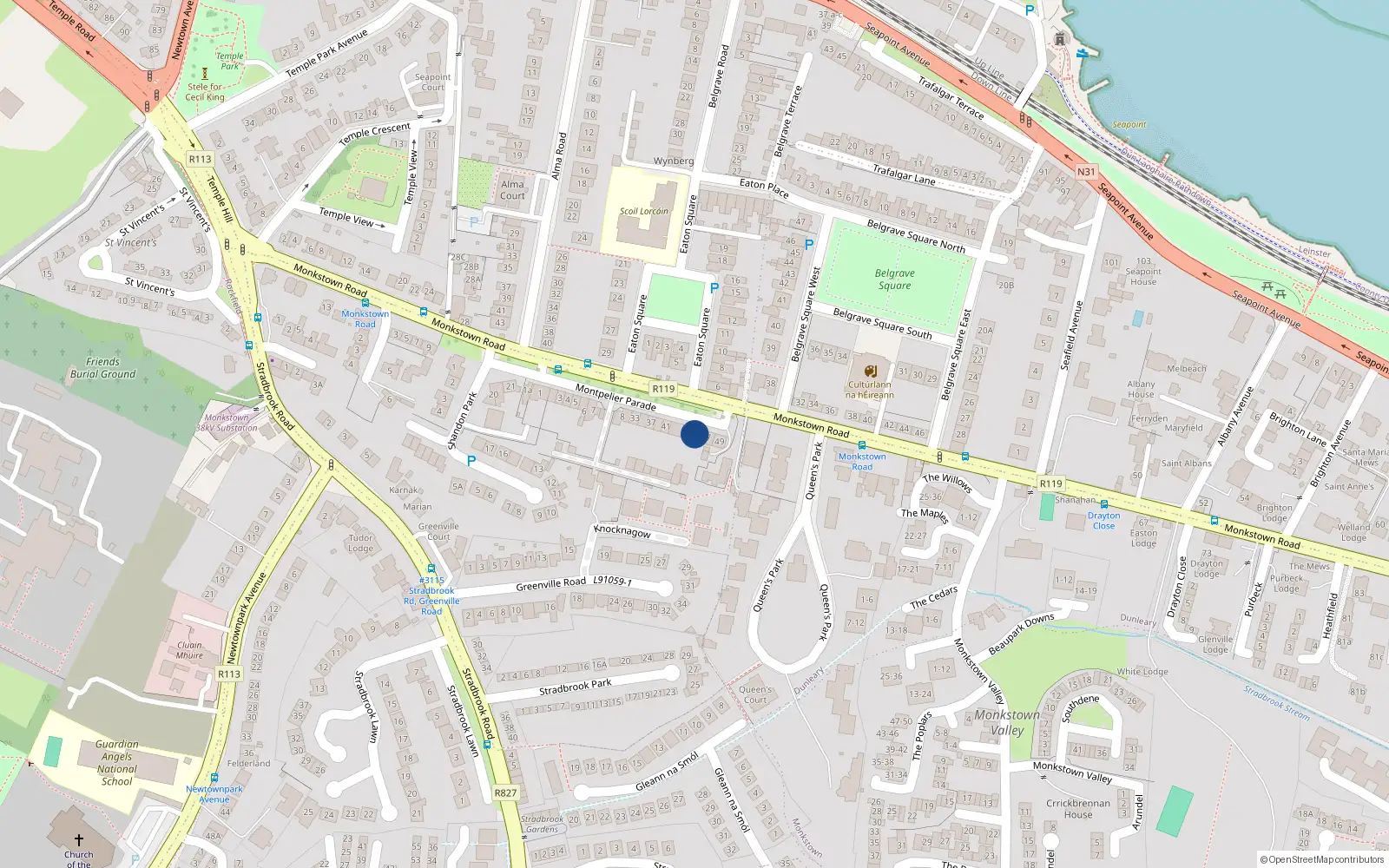 Overhead map showing the location of 47 Montpelier Parade, Monkstown, Dublin